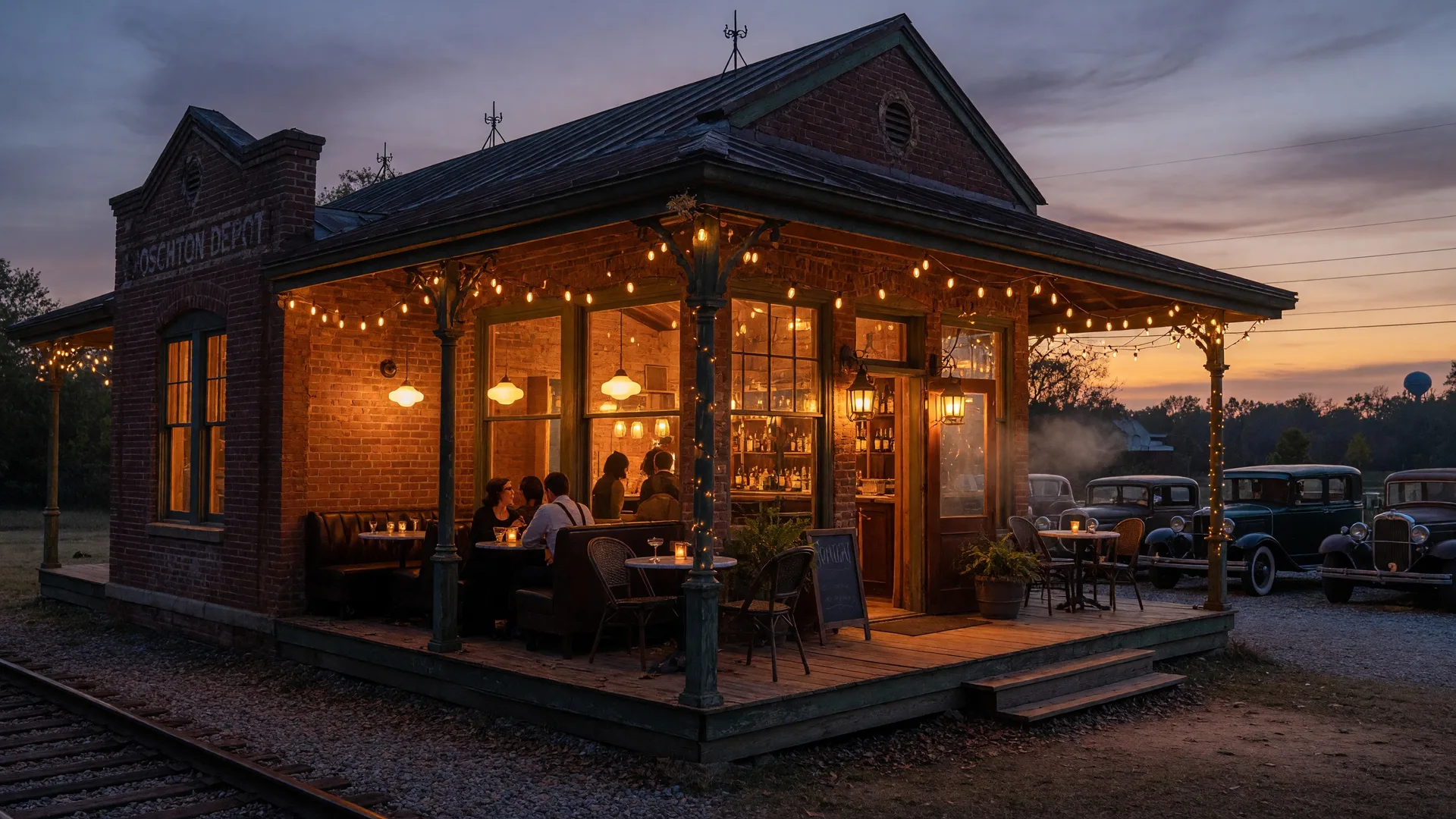 Historic Hoschton Train Depot transformed into a warm speakeasy-style cocktail lounge at dusk with amber light glowing from the windows in Hoschton Georgia