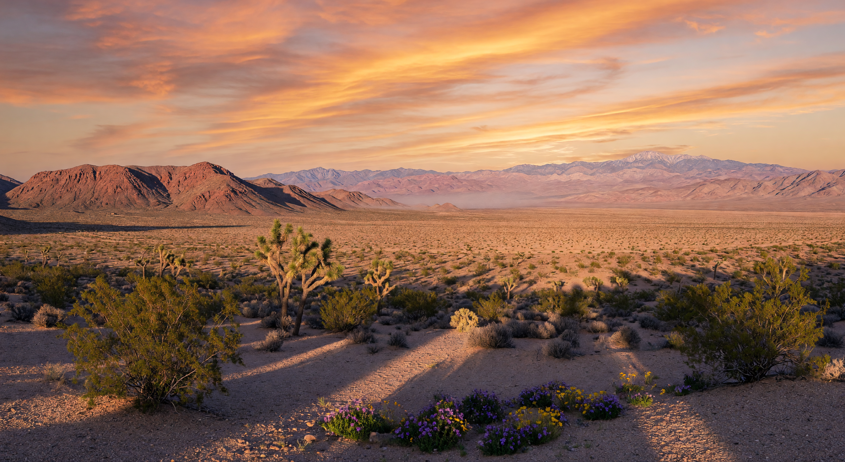 Mojave desert landscape with layered mountain ranges at golden hour near Las Vegas