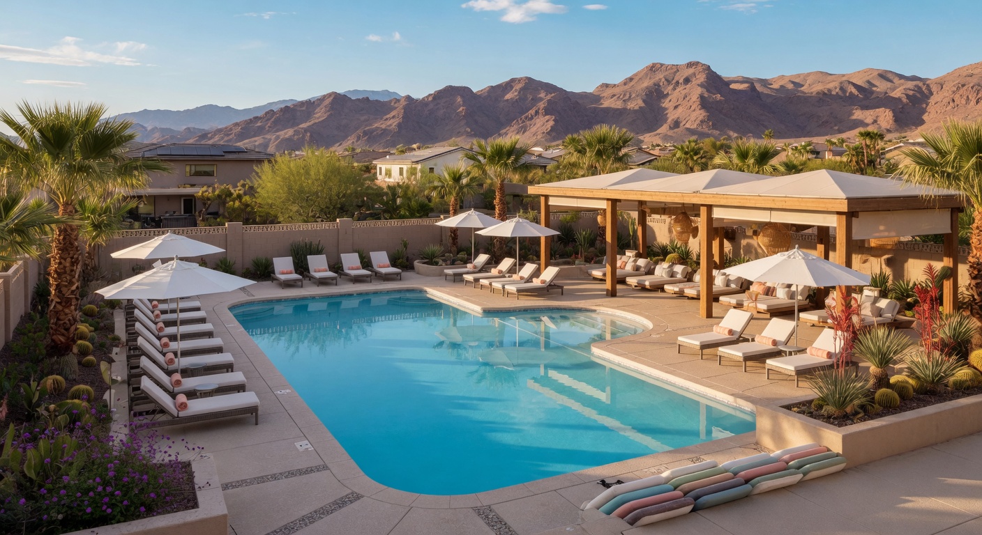 Resort-style community pool area with palm trees and mountain views in northwest Las Vegas
