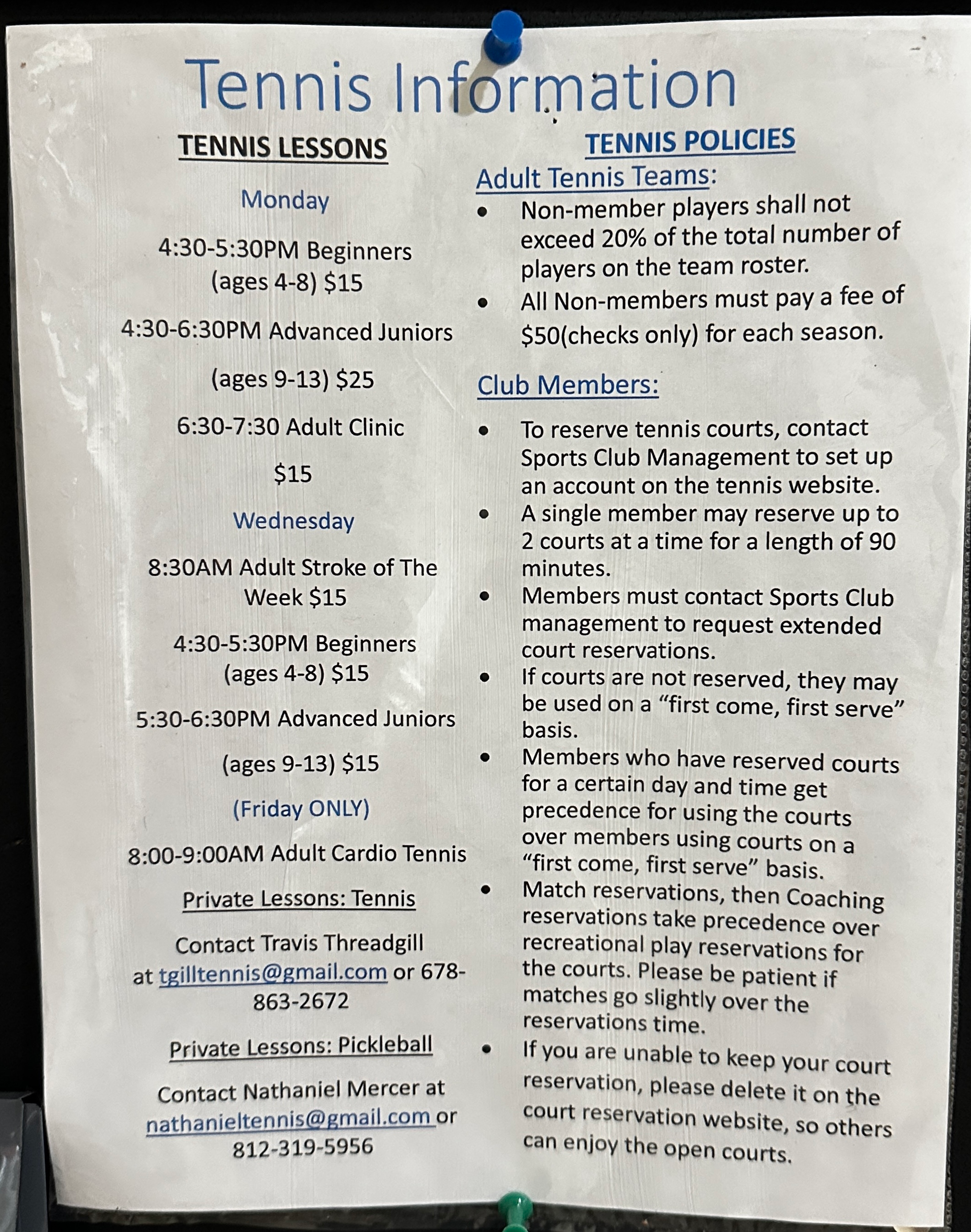 Tennis information sign at Château Élan Sports Club Braselton Georgia