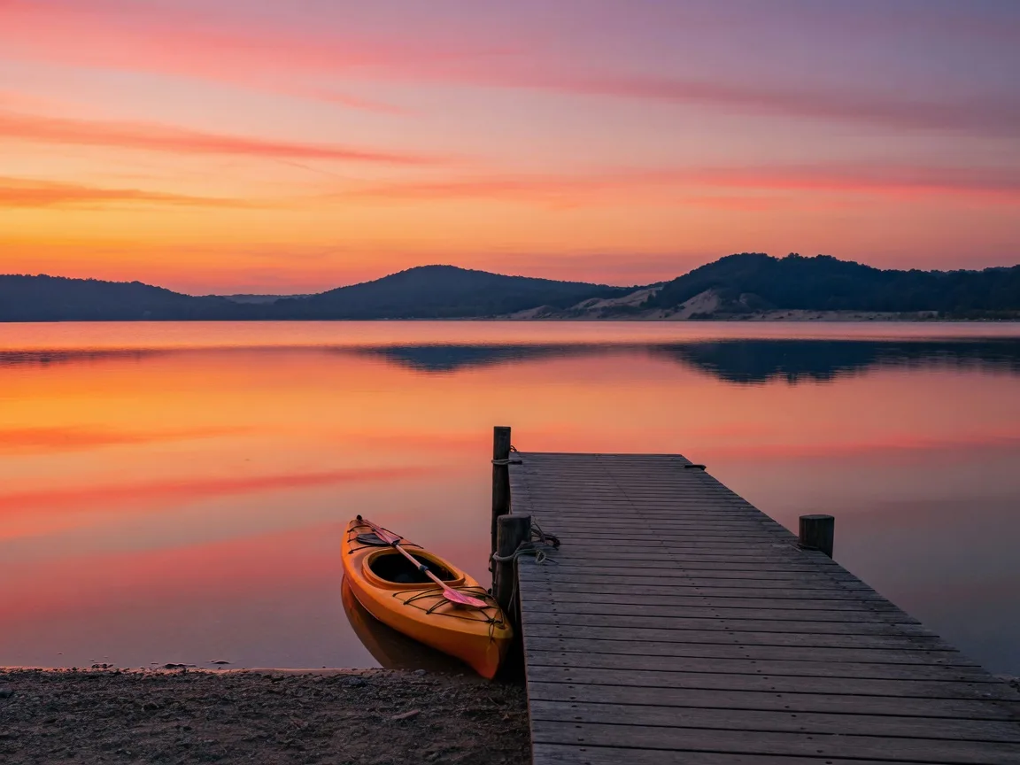 Sunset over a calm lake with a wooden dock in Northwest Indiana
