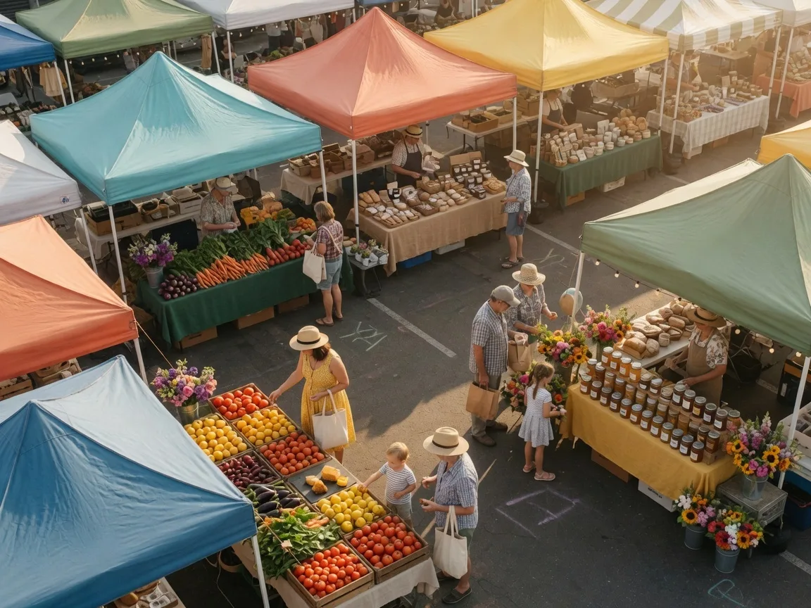 Colorful farmers market stalls with fresh produce and flowers