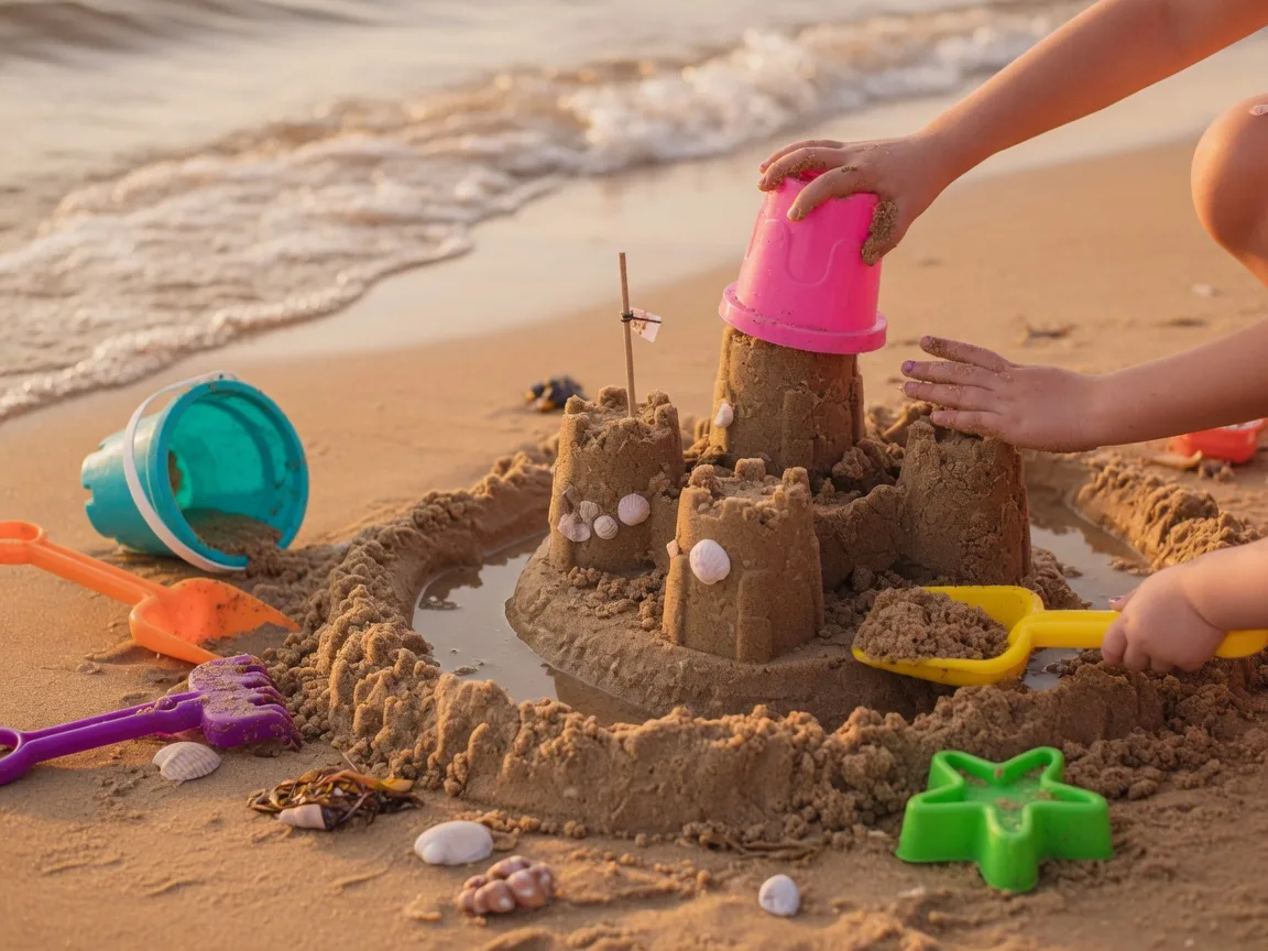 Children building sandcastles on a sandy beach in Northwest Indiana