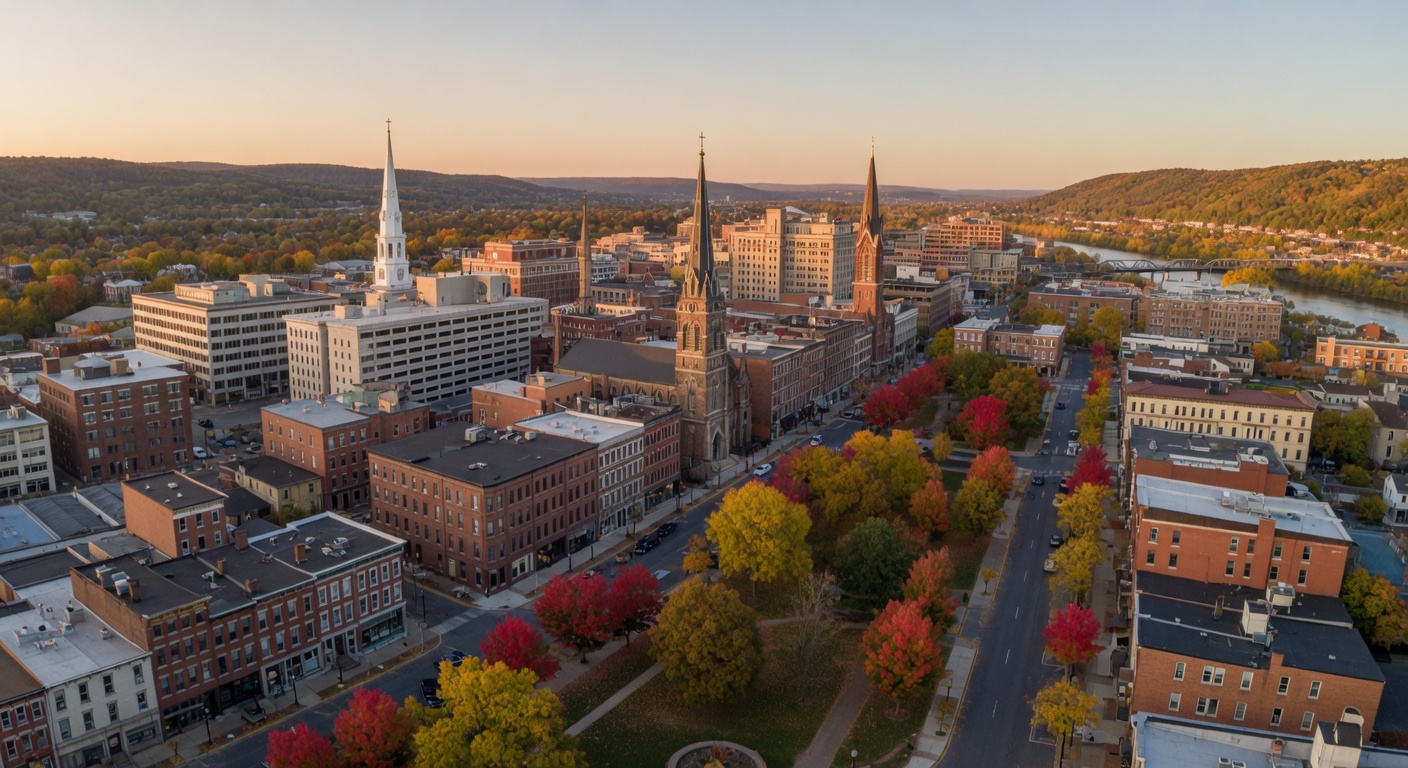 Aerial view of Allentown Pennsylvania skyline and downtown