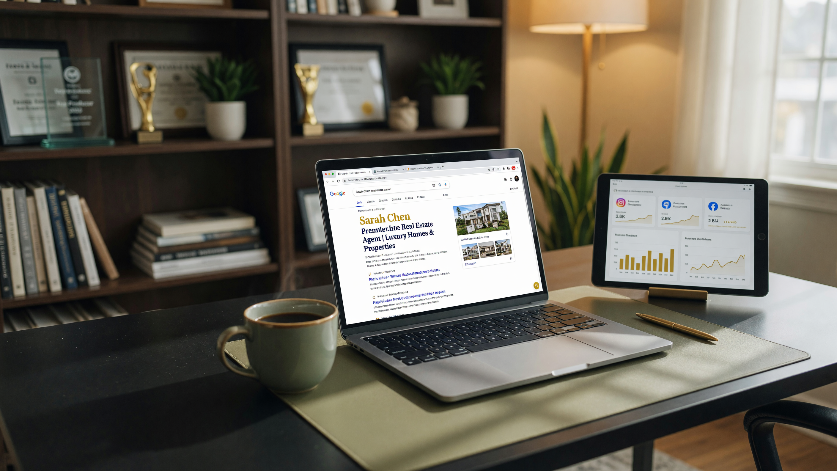 Modern workspace showing AI-powered search results and digital marketing analytics