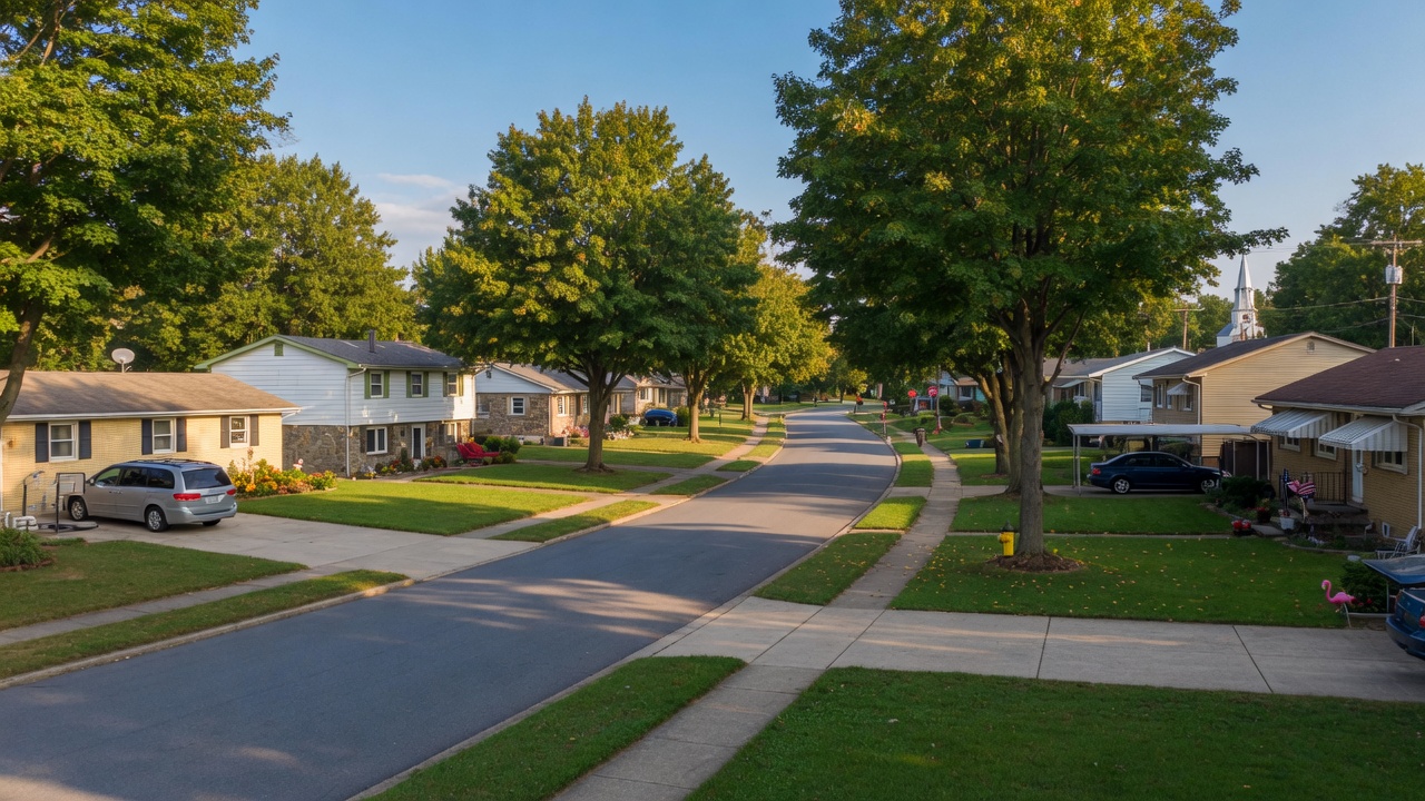 Tree-lined residential street in Whitehall Township, Pennsylvania with well-maintained homes