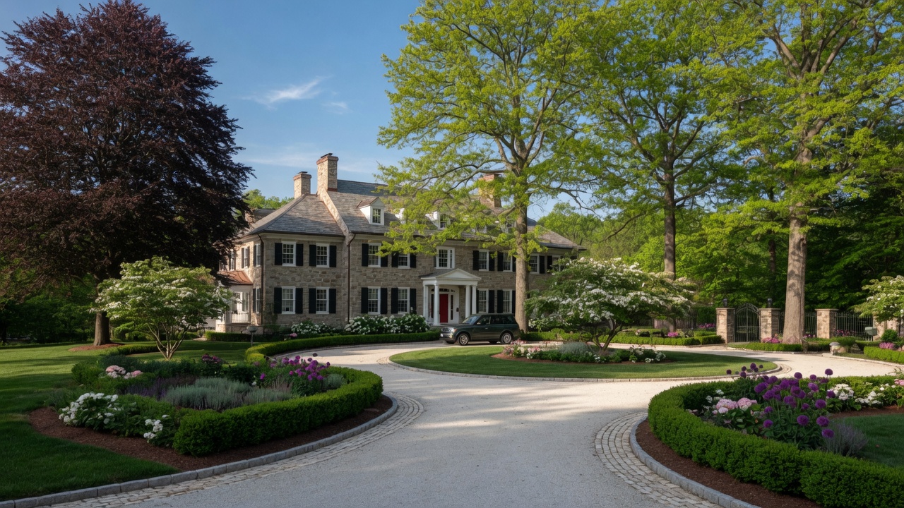 Upscale stone home with elegant landscaping in Saucon Valley