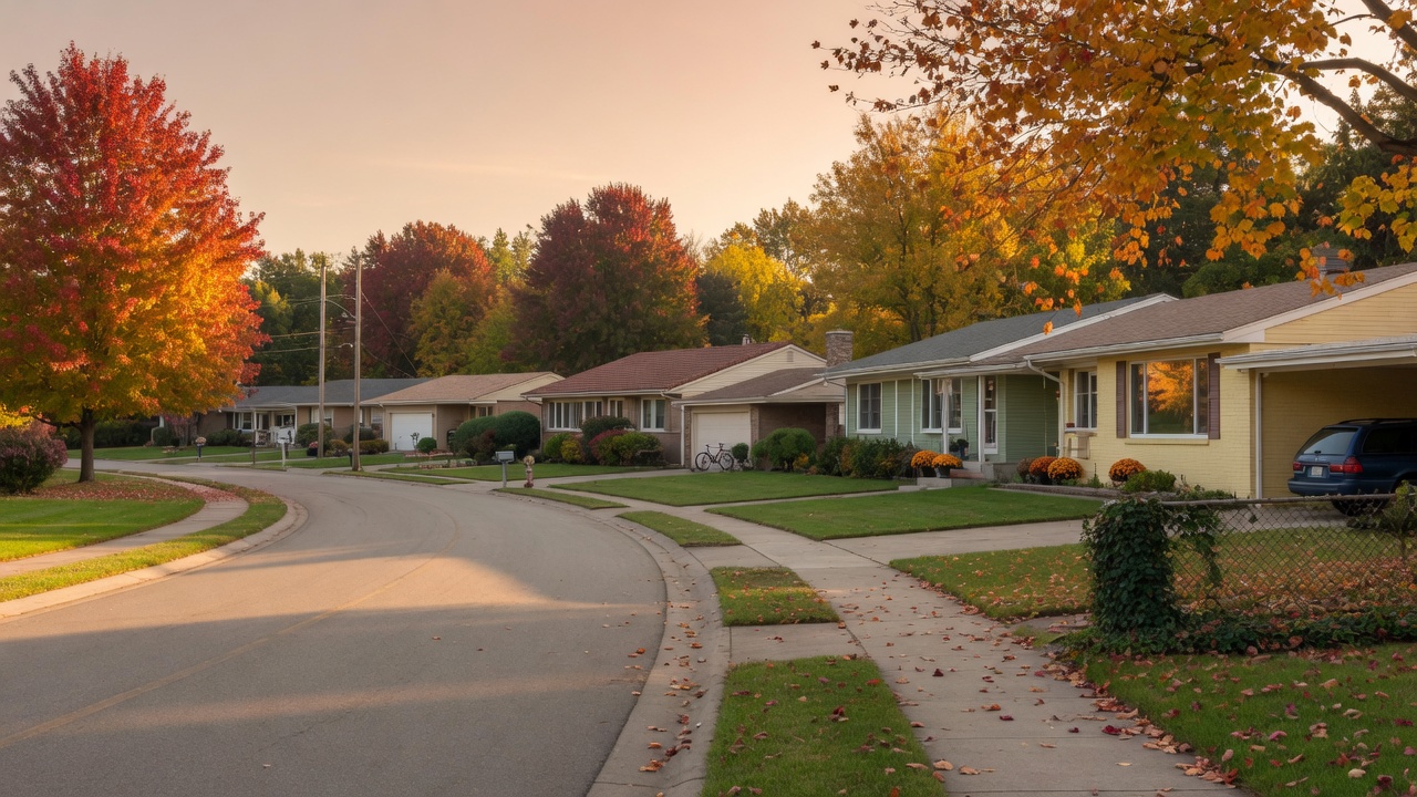 Established suburban street with ranch-style homes and autumn foliage