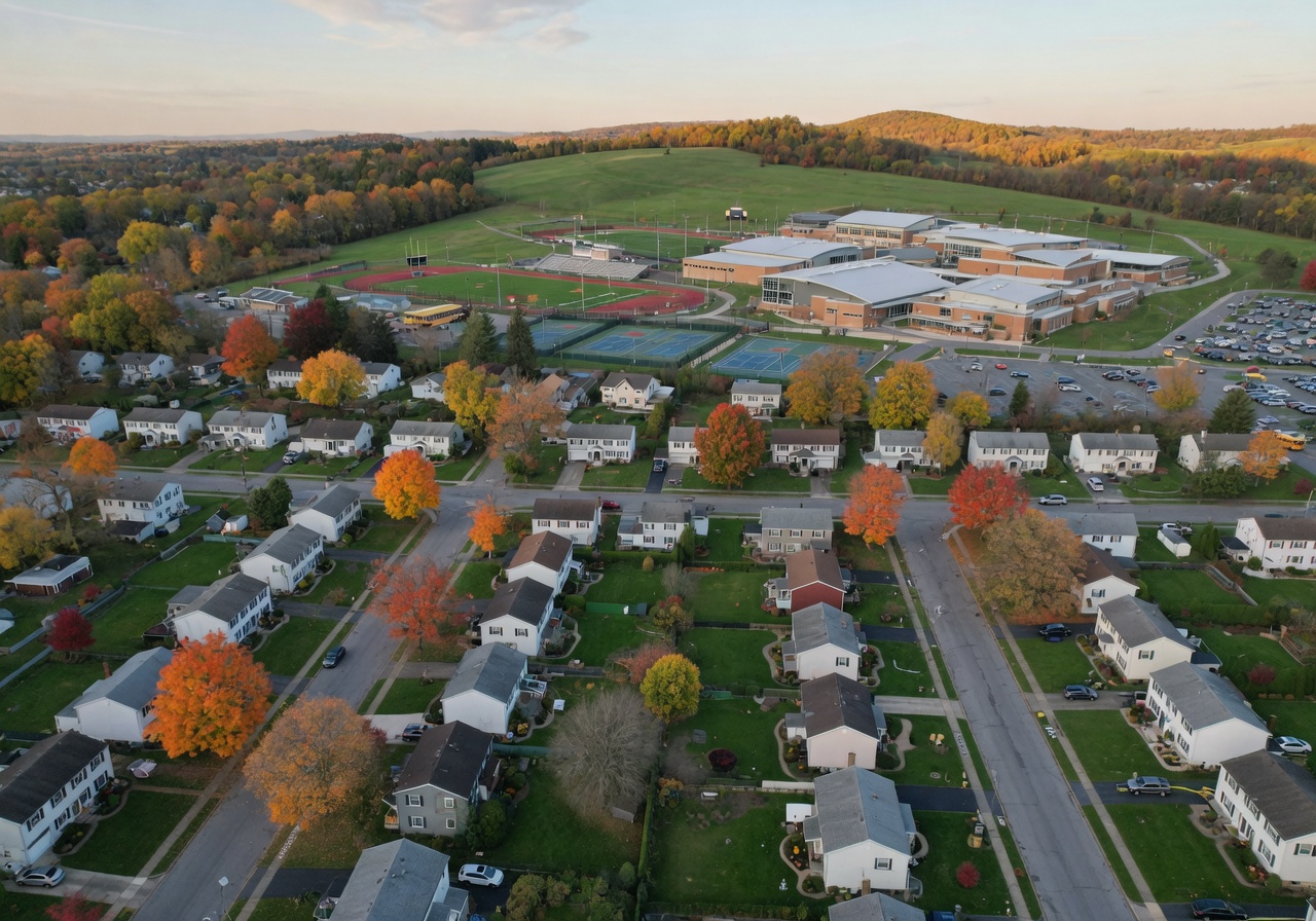 Suburban neighborhood in Parkland Pennsylvania with tree-lined streets