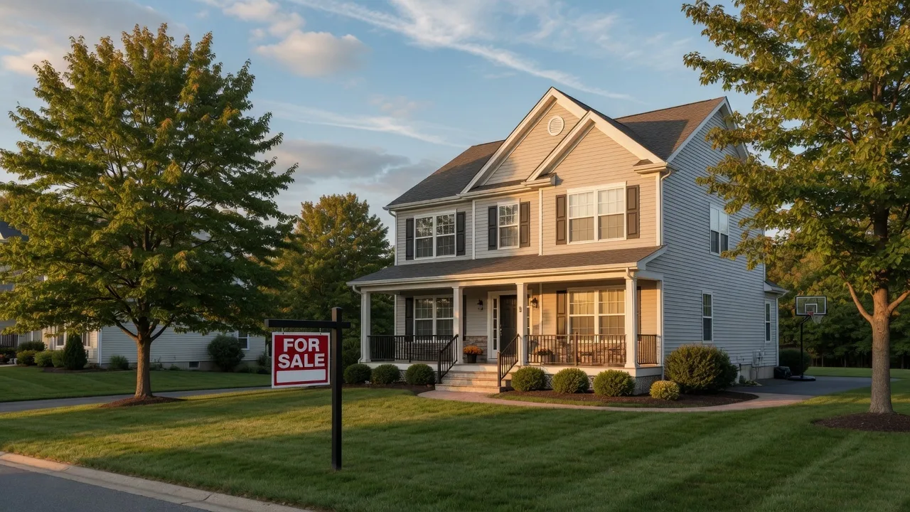 Modern suburban home in the Lehigh Valley Pennsylvania with a For Sale sign in the front yard