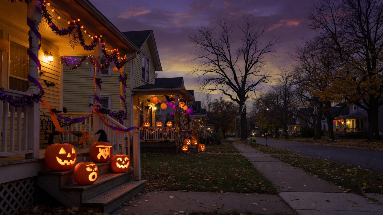 Halloween jack-o-lanterns and autumn decorations