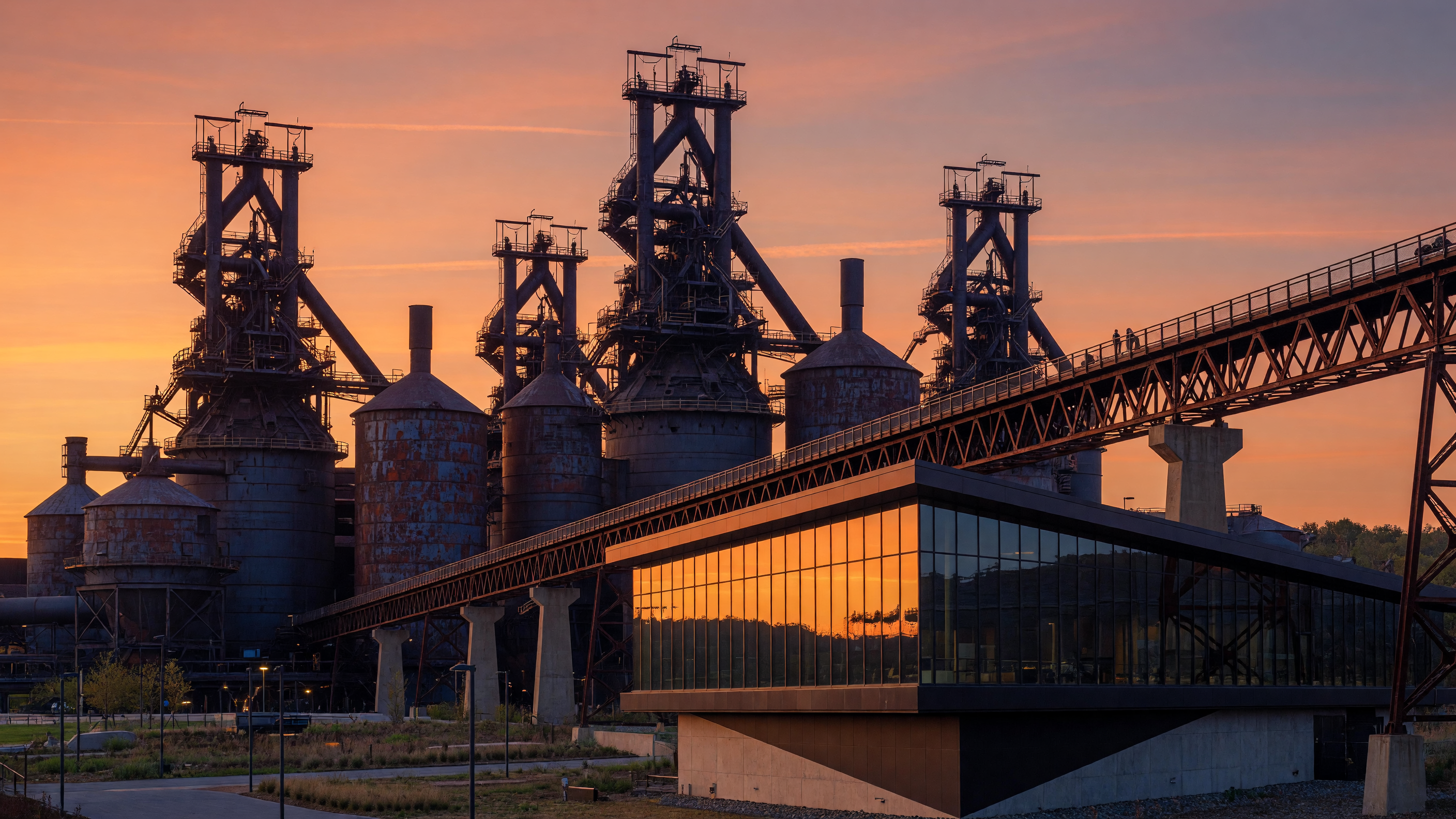 SteelStacks campus in Bethlehem Pennsylvania at golden hour with the blast furnaces and ArtsQuest Center