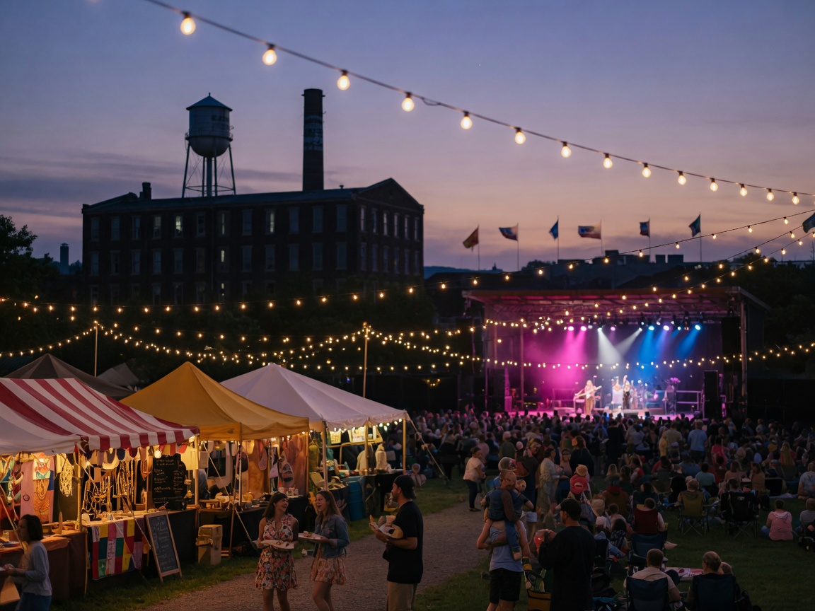 A lively outdoor summer music festival in the Lehigh Valley with string lights, stage lighting, and festival tents against a twilight sky