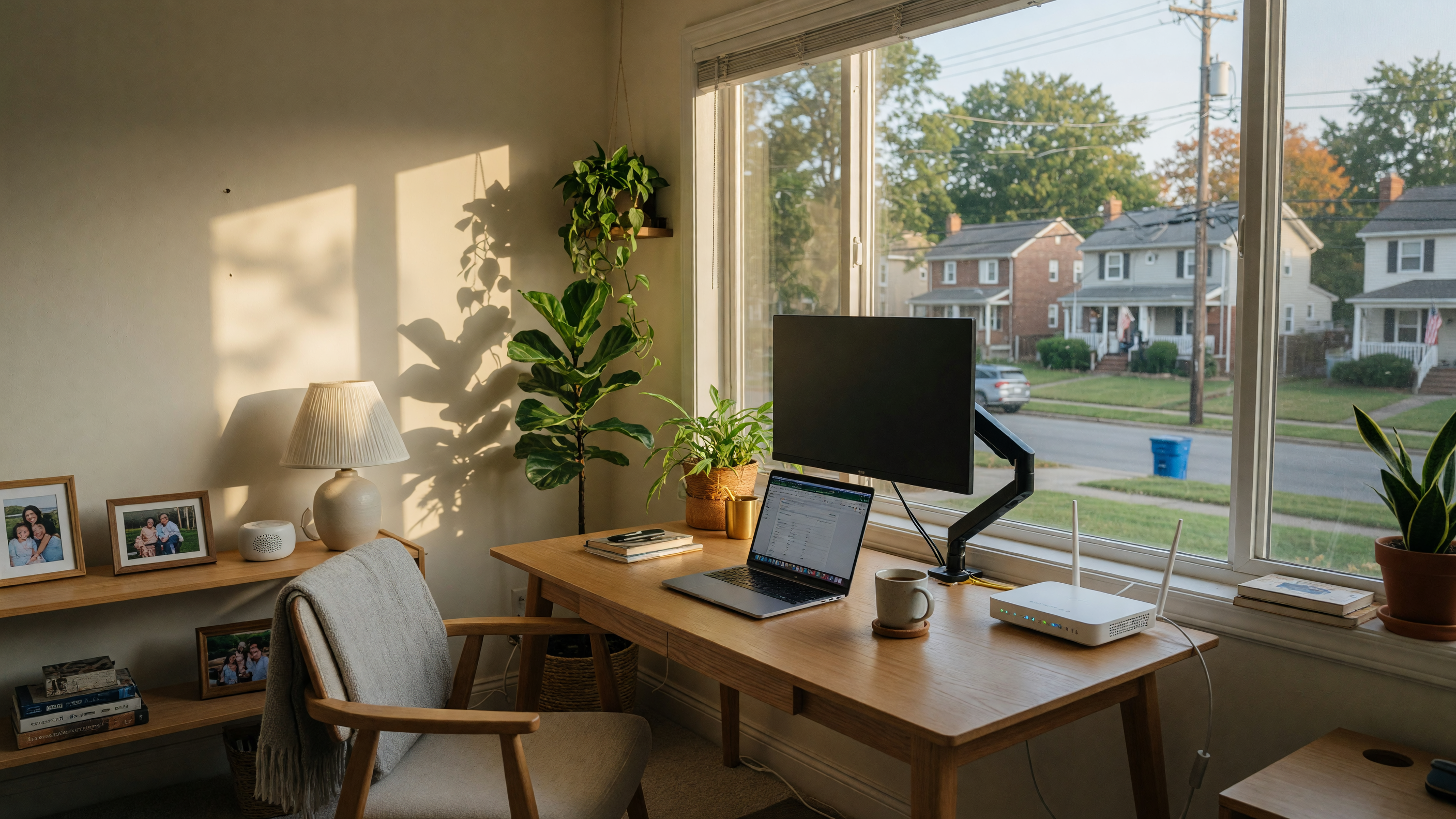 Modern home office with a view of a Lehigh Valley neighborhood