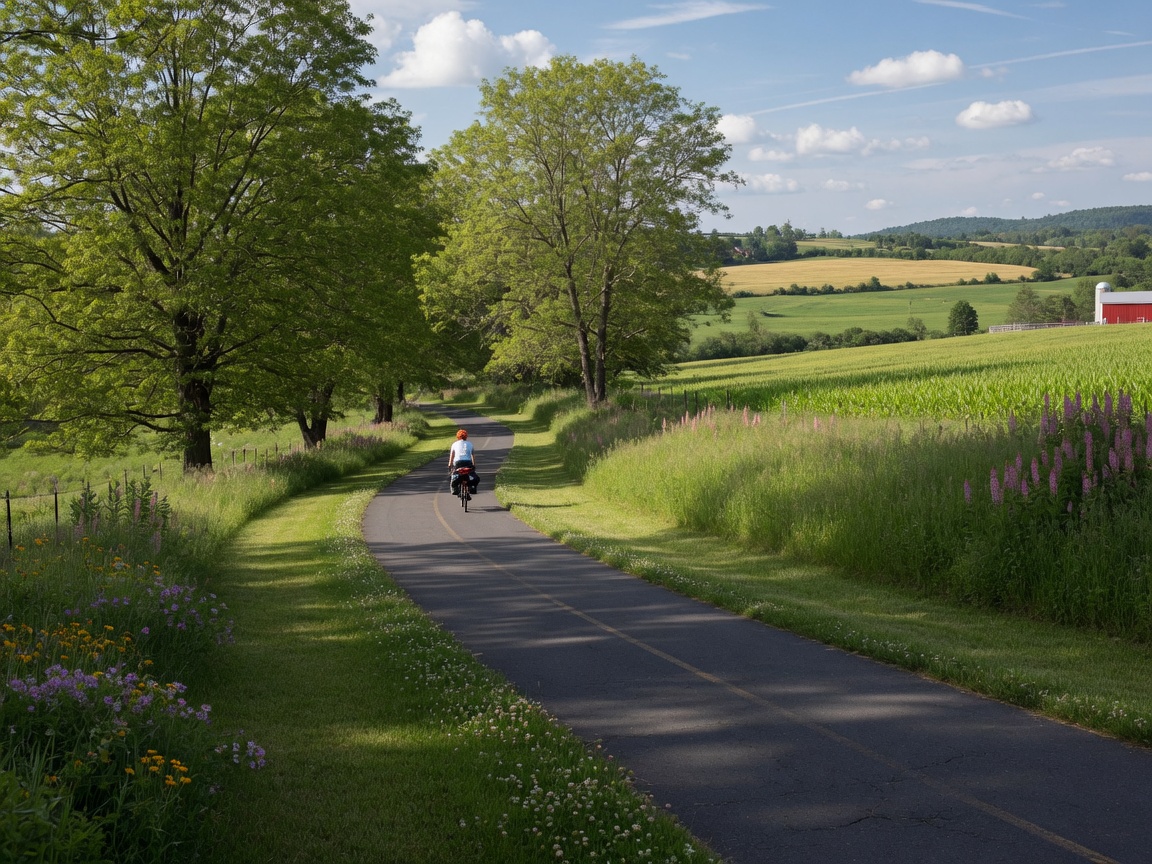 A paved multi-use recreation trail winding through lush green Pennsylvania countryside with mature trees and rolling farmland in the Lehigh Valley