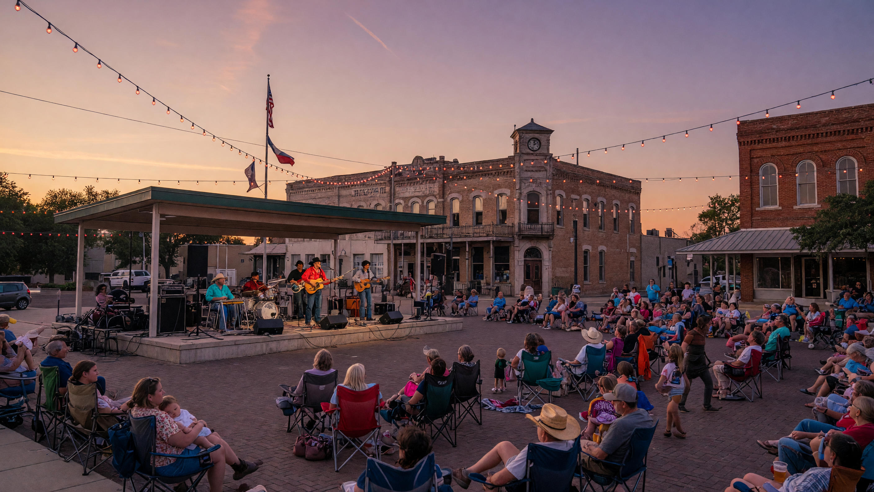 Live country music concert at an outdoor lakeside venue at dusk