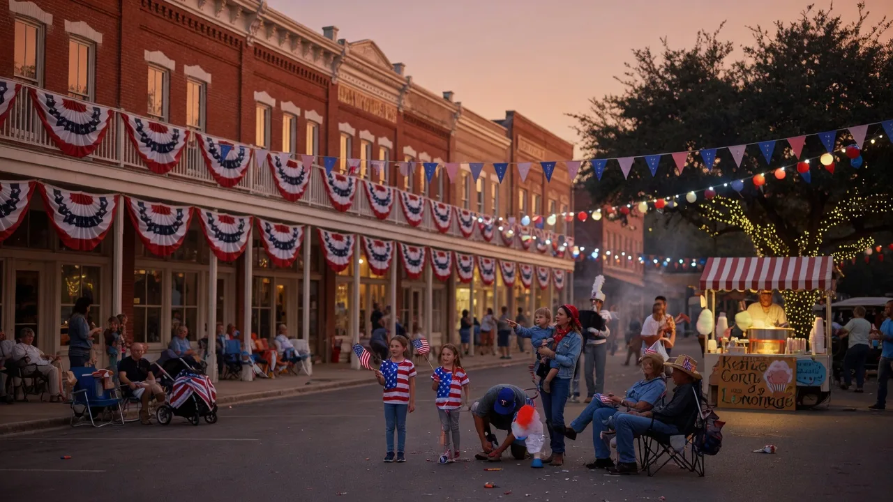 Small-town Texas Fourth of July celebration on a historic main street with red white and blue decorations at dusk