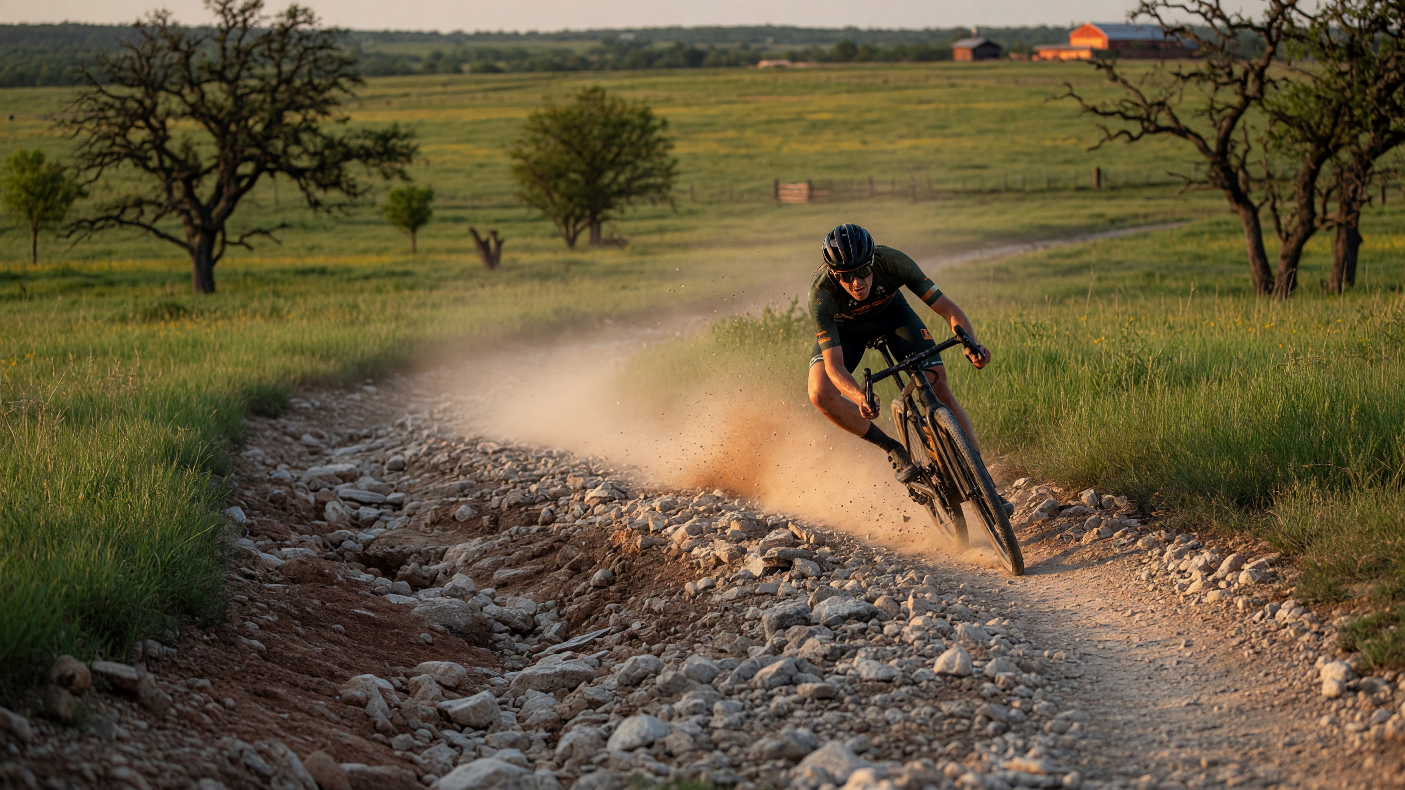 Cyclist navigating a rough gravel trail through open East Texas countryside during a competitive endurance event