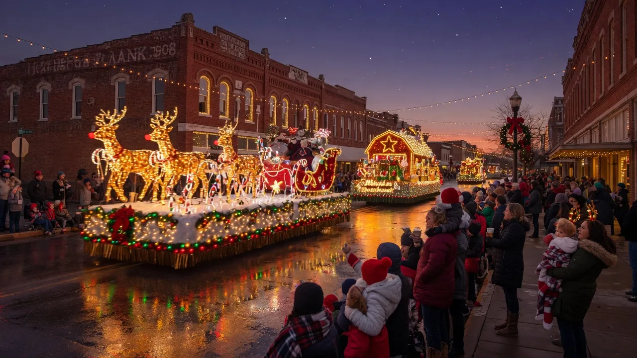 Magical Christmas parade with illuminated floats on a small-town Texas main street at dusk