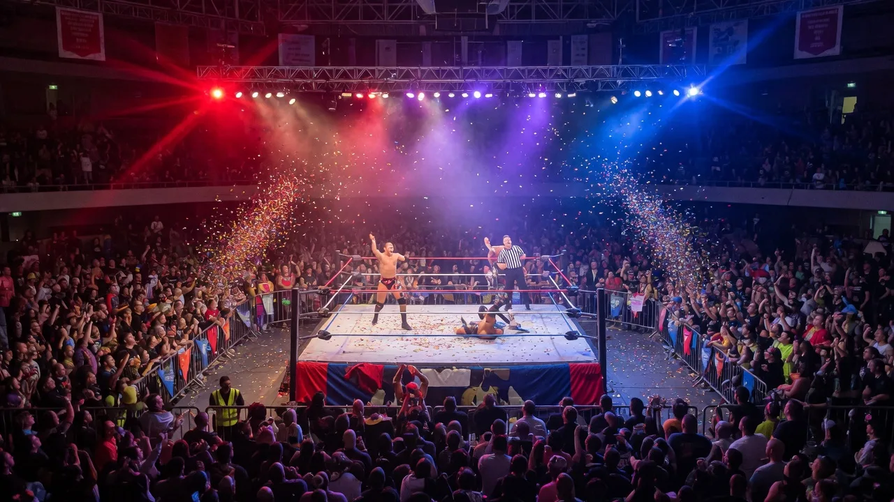Professional wrestling event inside an arena with dramatic lighting and an enthusiastic crowd