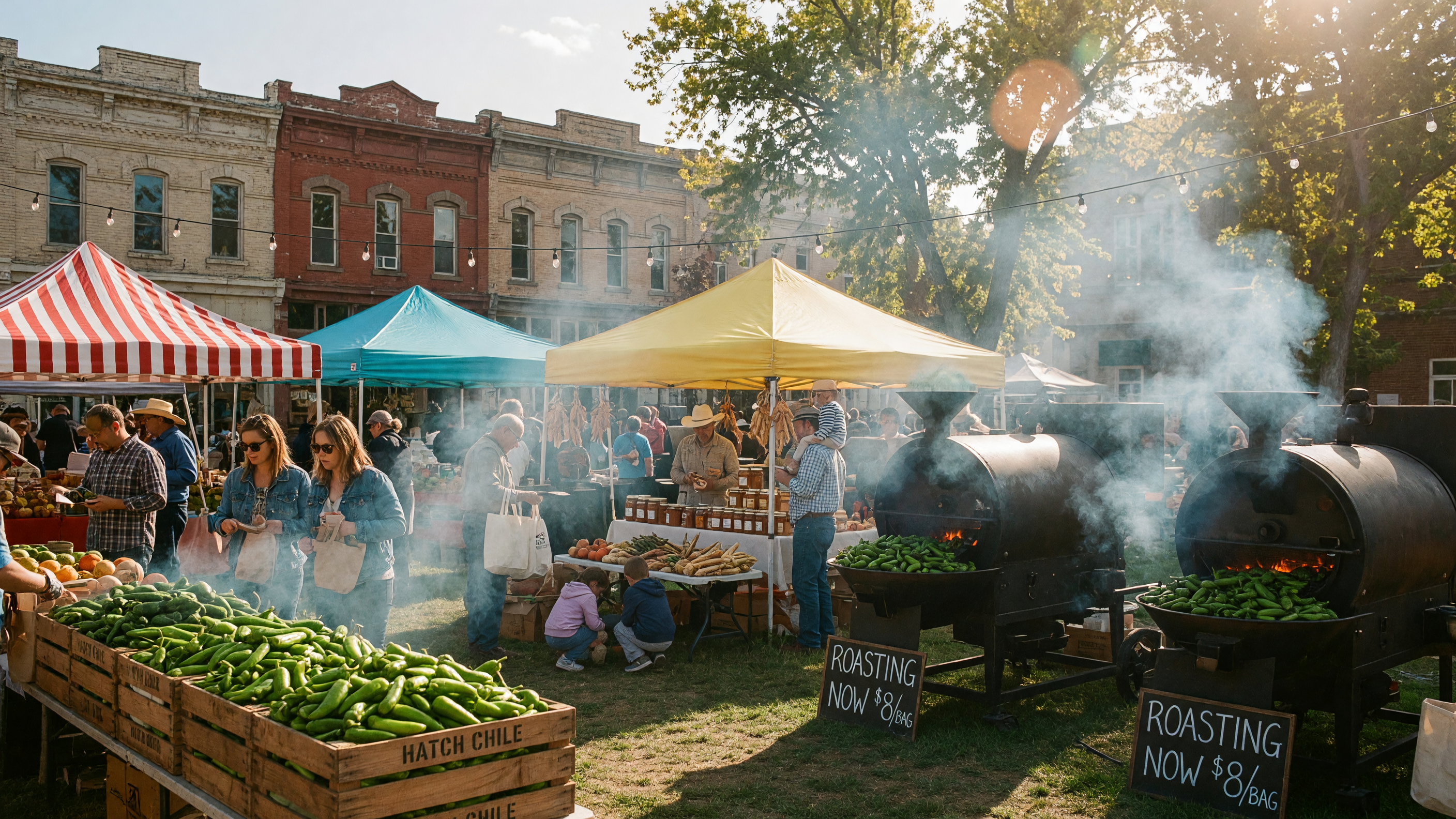 Festive outdoor farmers market with roasting Hatch chiles and vendor booths under canopies on a bright morning