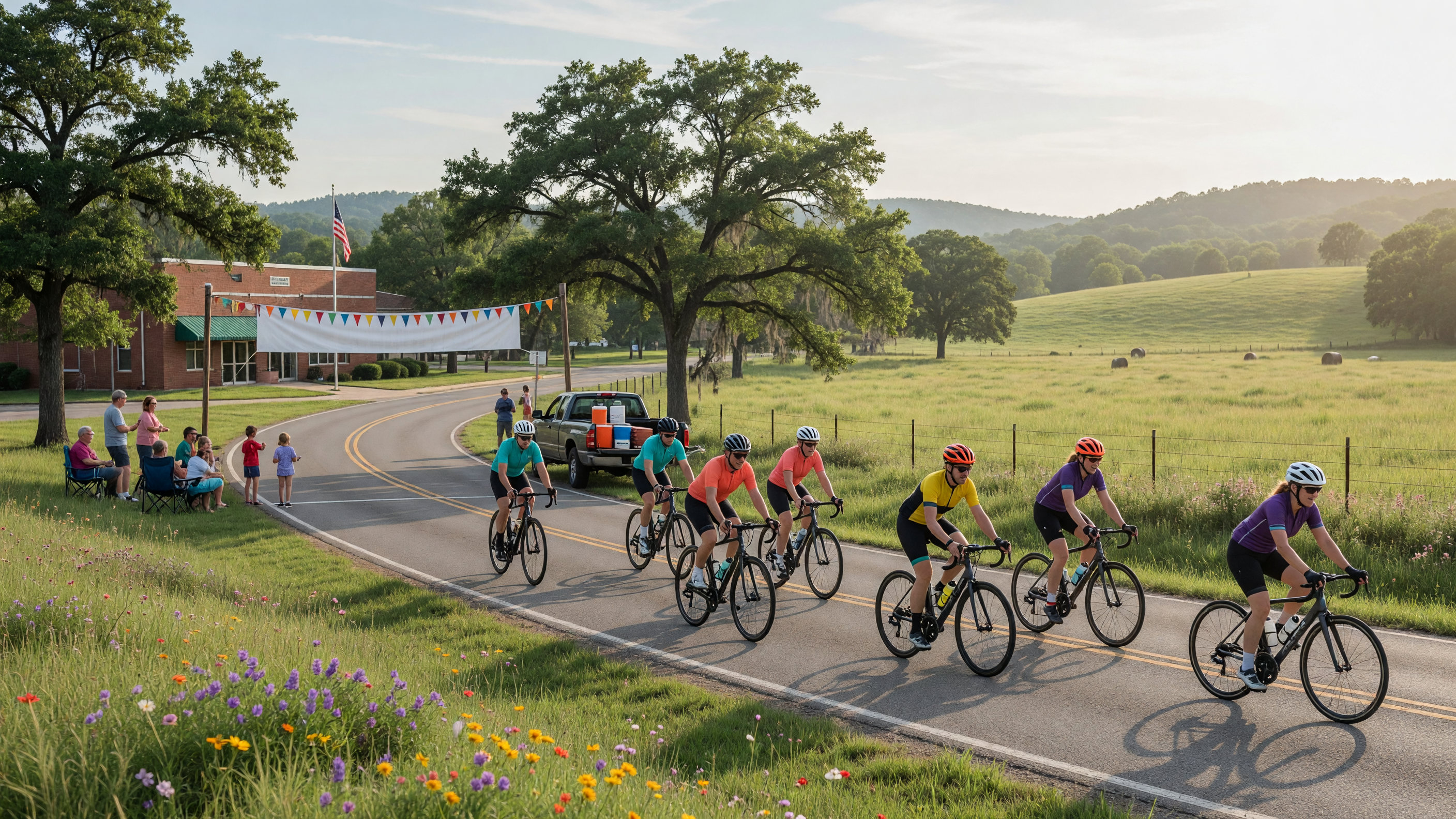 Cyclists riding through green East Texas countryside on a summer morning during a community bicycle rally