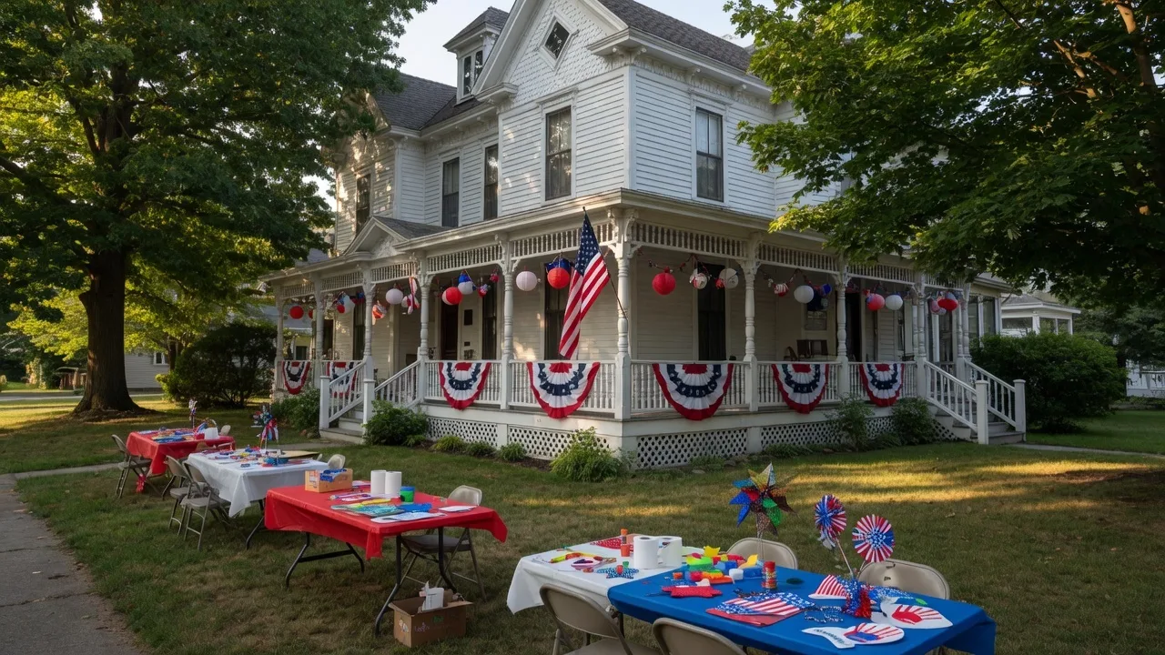 Historic Victorian house museum in Paris, Texas with patriotic decorations and craft tables set up on the lawn