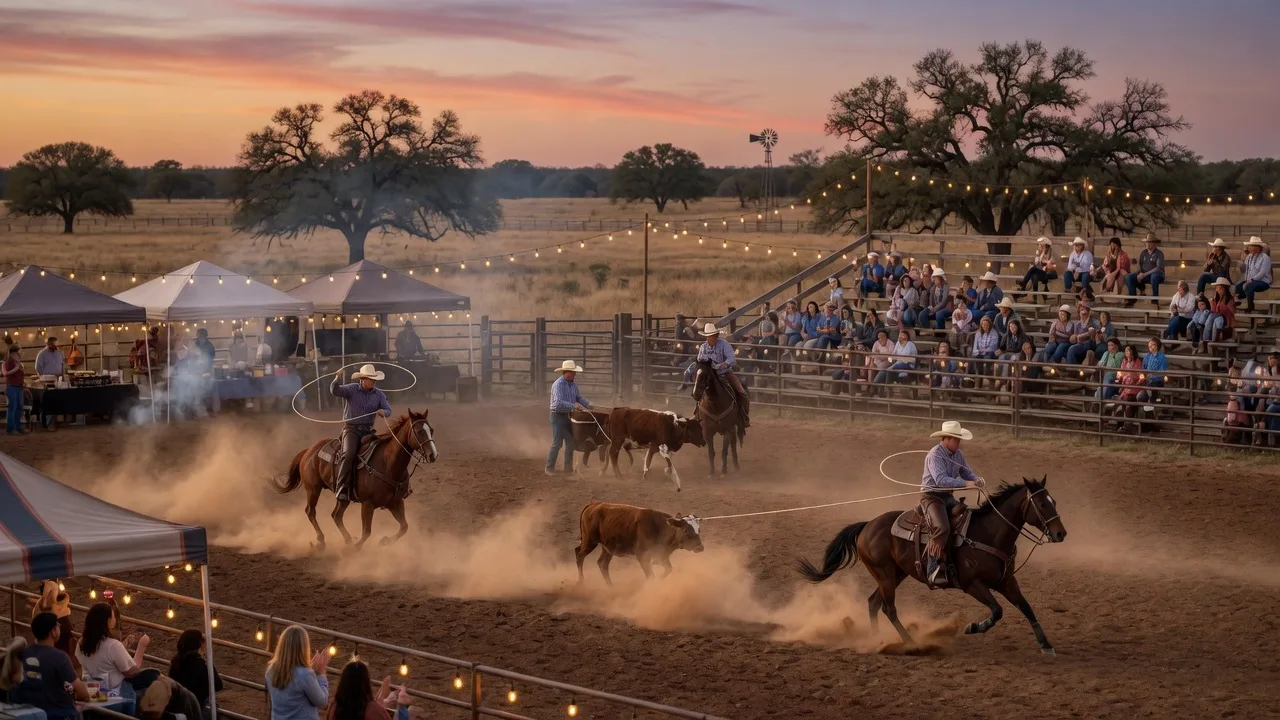 Cowboys on horseback competing in a ranch rodeo arena at dusk in North Texas