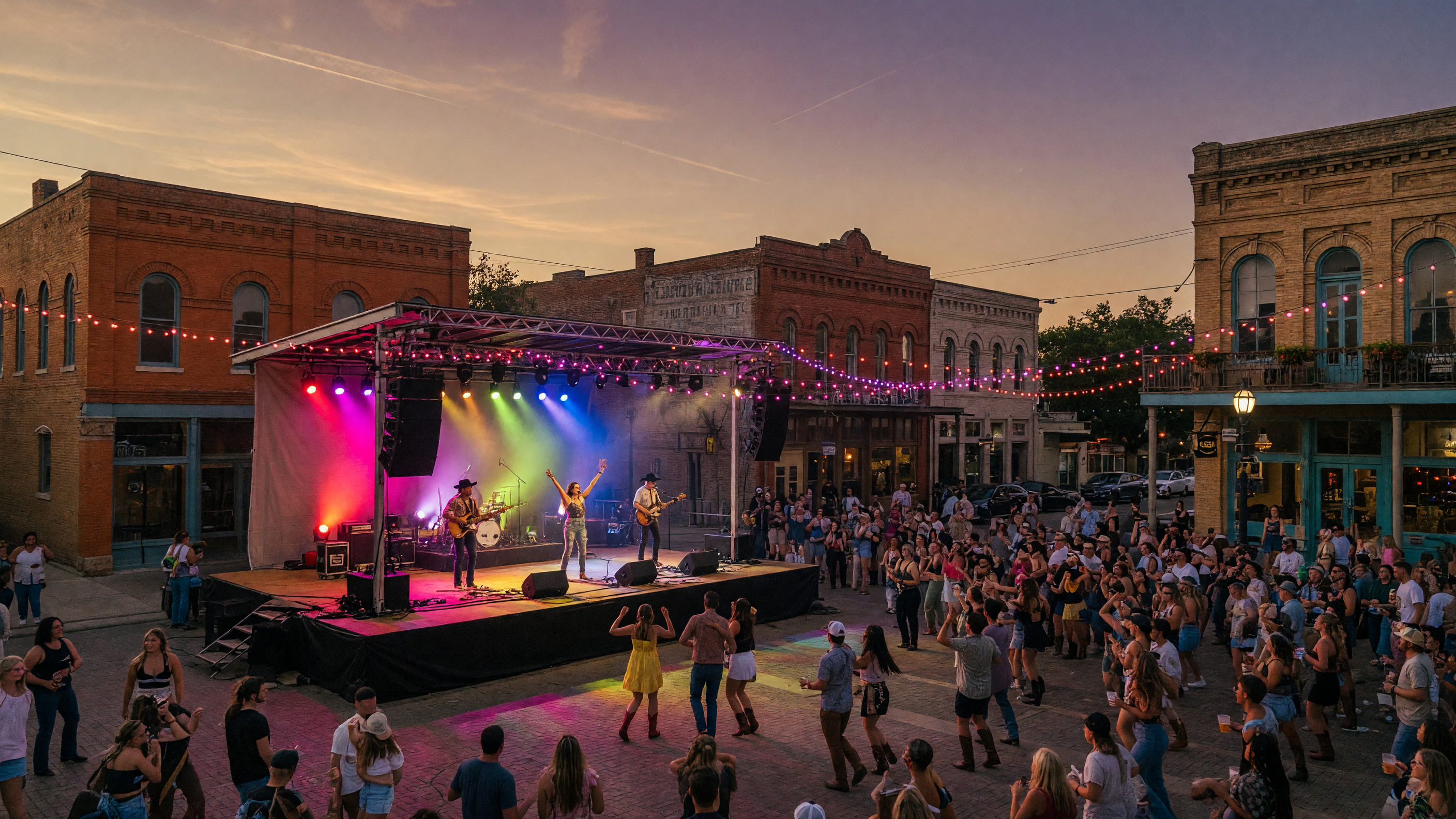 Pop-rock tribute band performing on a downtown Texas square at twilight with string lights