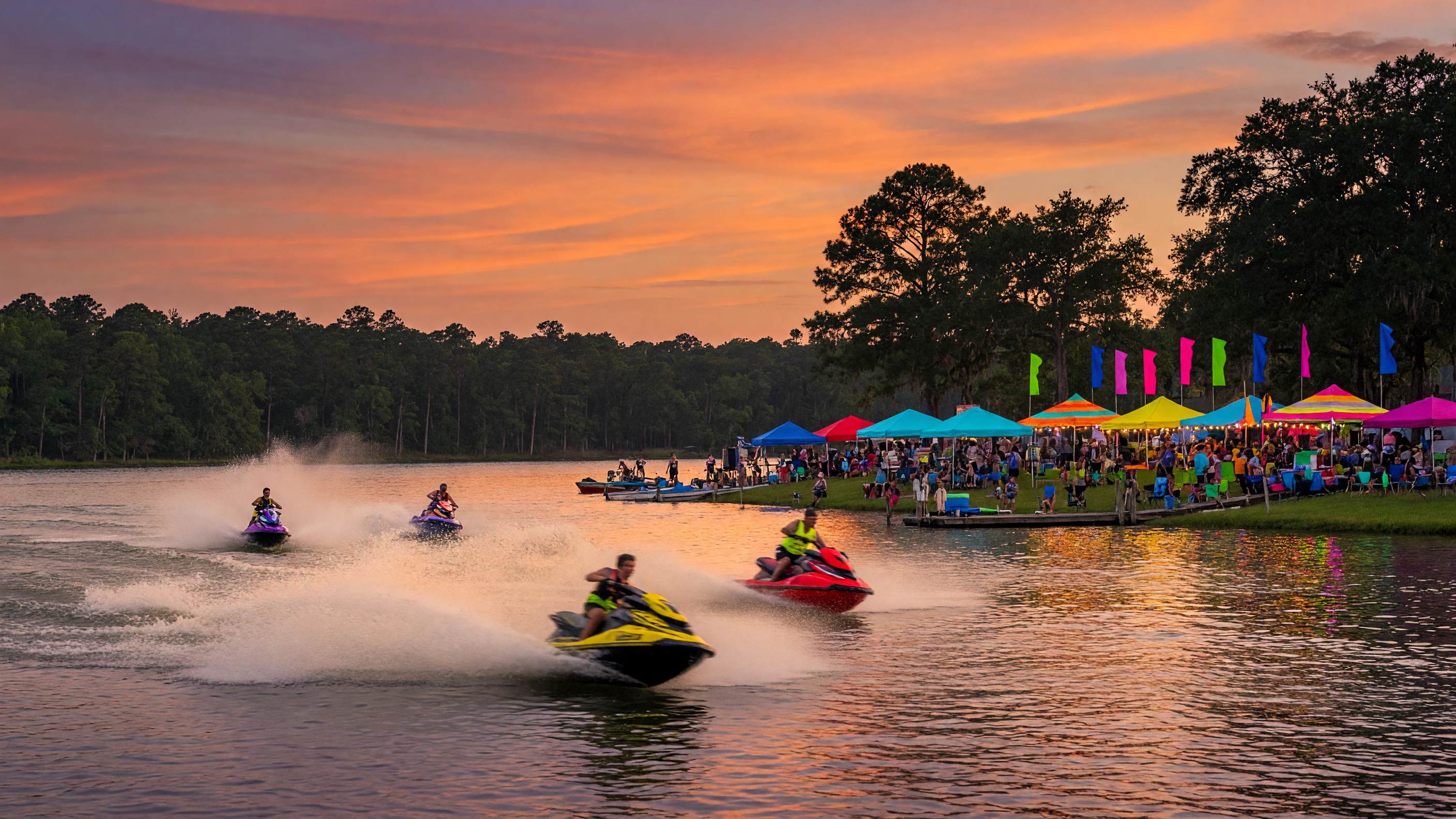 Personal watercraft racing on a lake at sunset with a festival atmosphere on the shoreline