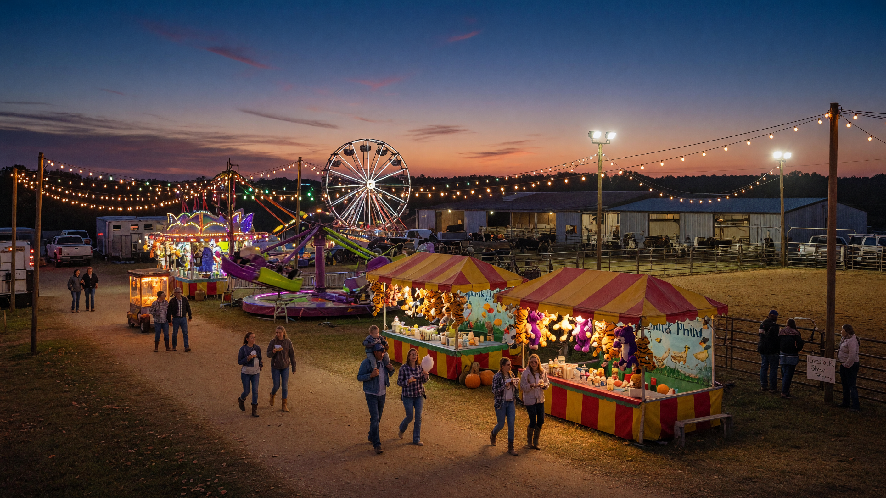 Colorful carnival midway at a small-town county fair on an autumn evening in rural Texas