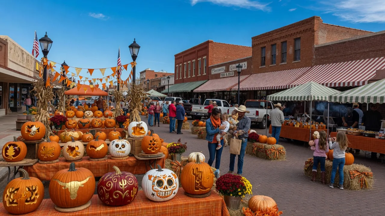 Colorful carved pumpkins displayed at a downtown autumn festival with brick storefronts