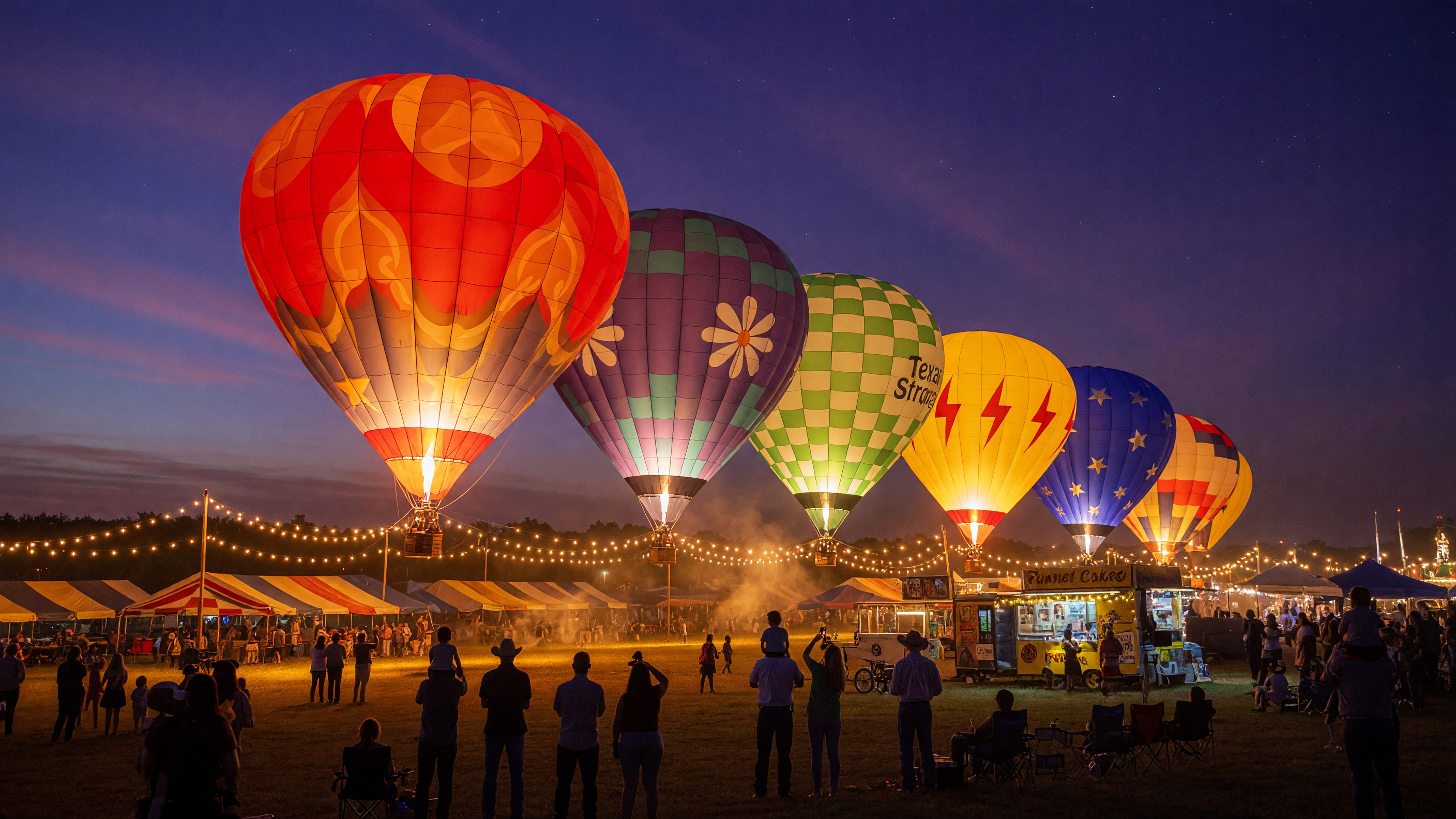Colorful hot air balloons glowing at dusk during a community festival at a Texas fairground