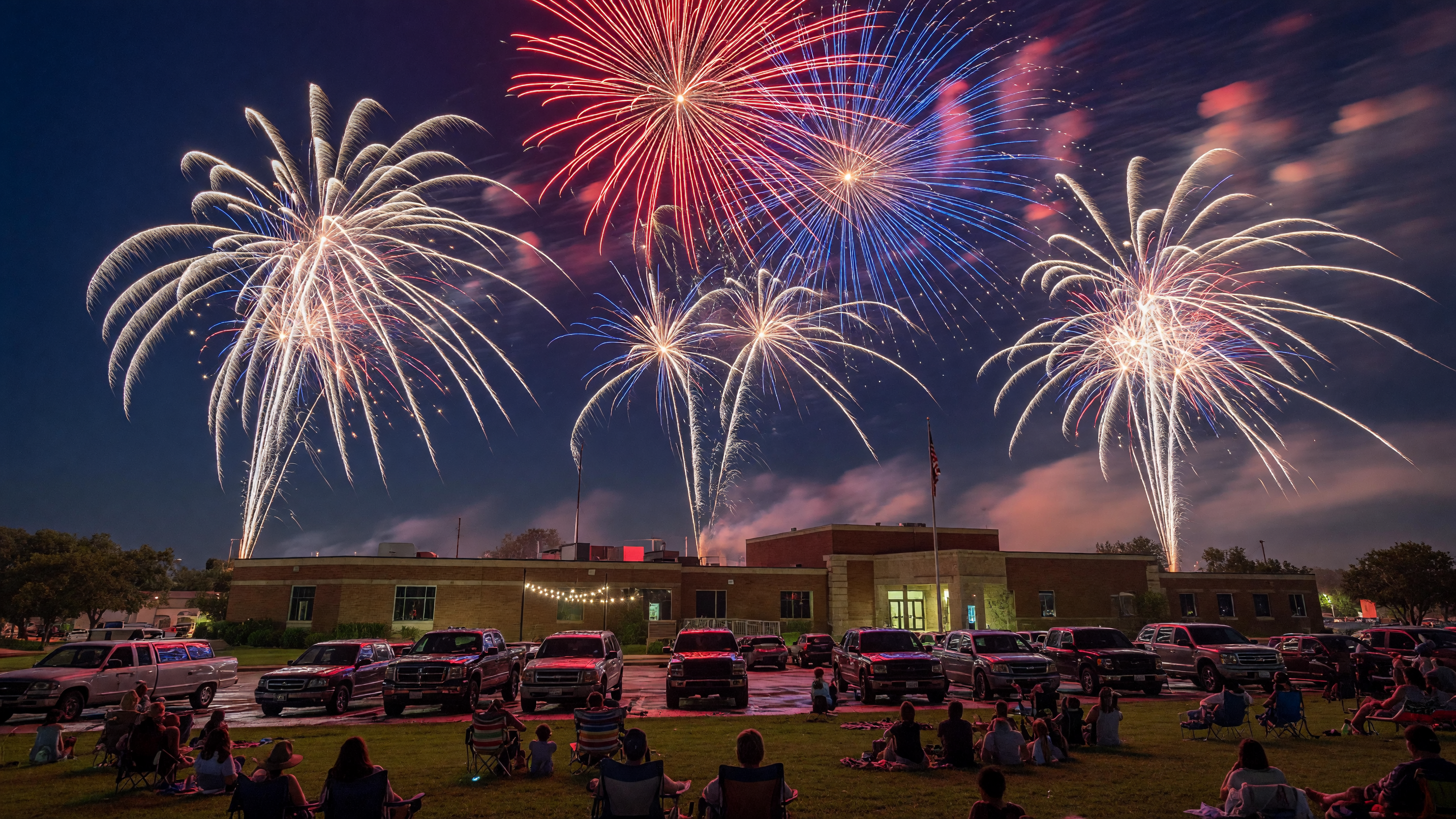 Fourth of July fireworks exploding in red, white, and blue over a small-town Texas civic center at night