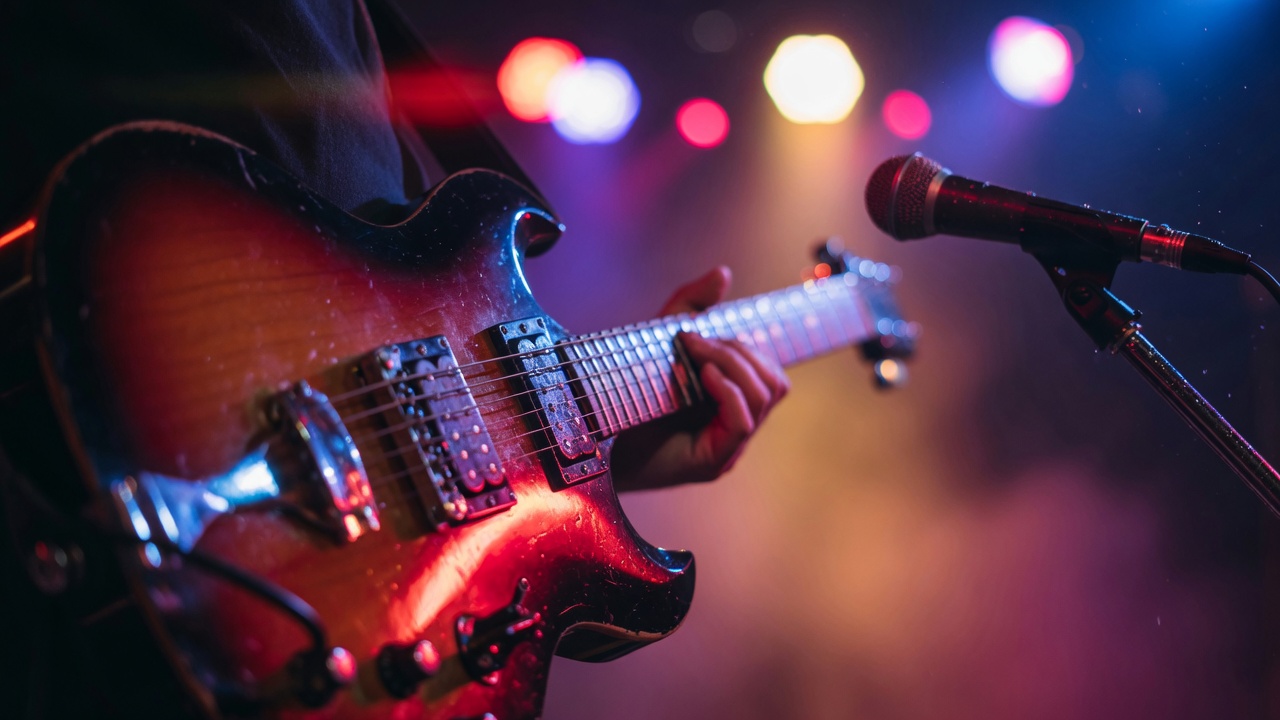 Blues guitar under red white and blue stage lighting