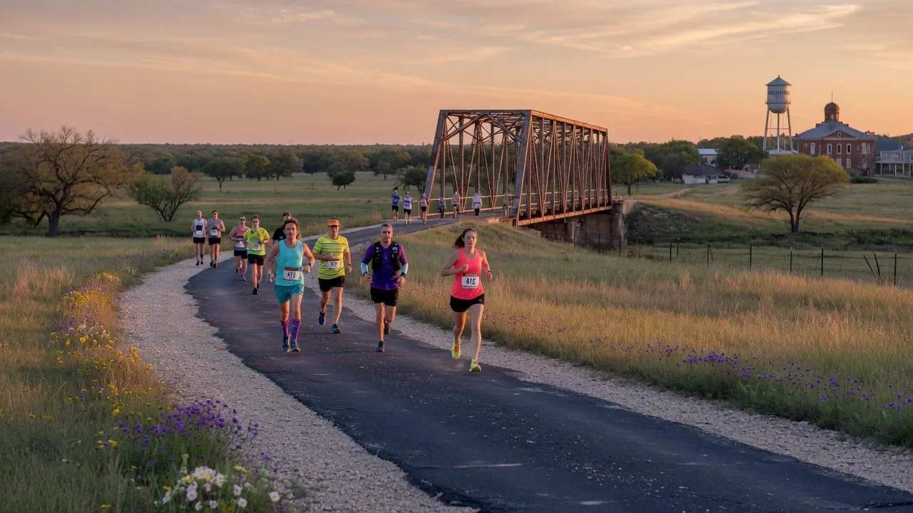Runners on a rural Texas trail at sunrise with open countryside and a historic bridge in the distance
