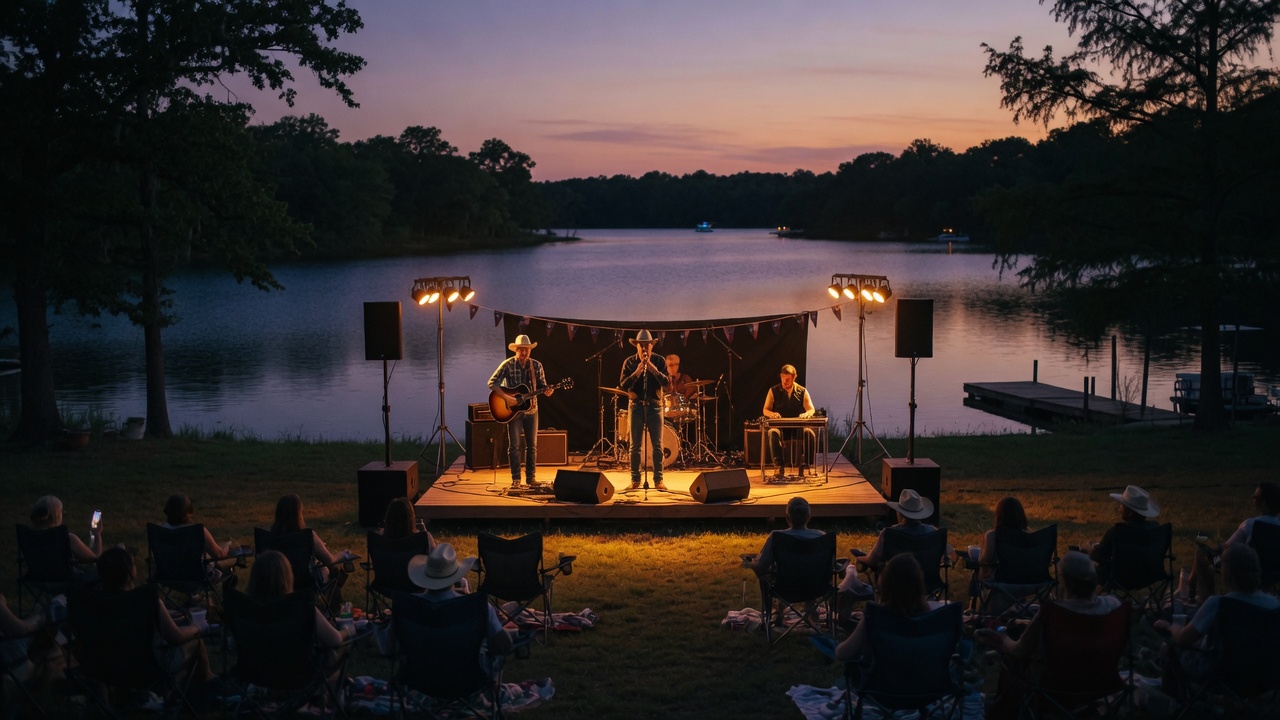 Live outdoor concert on a downtown Texas square at sunset