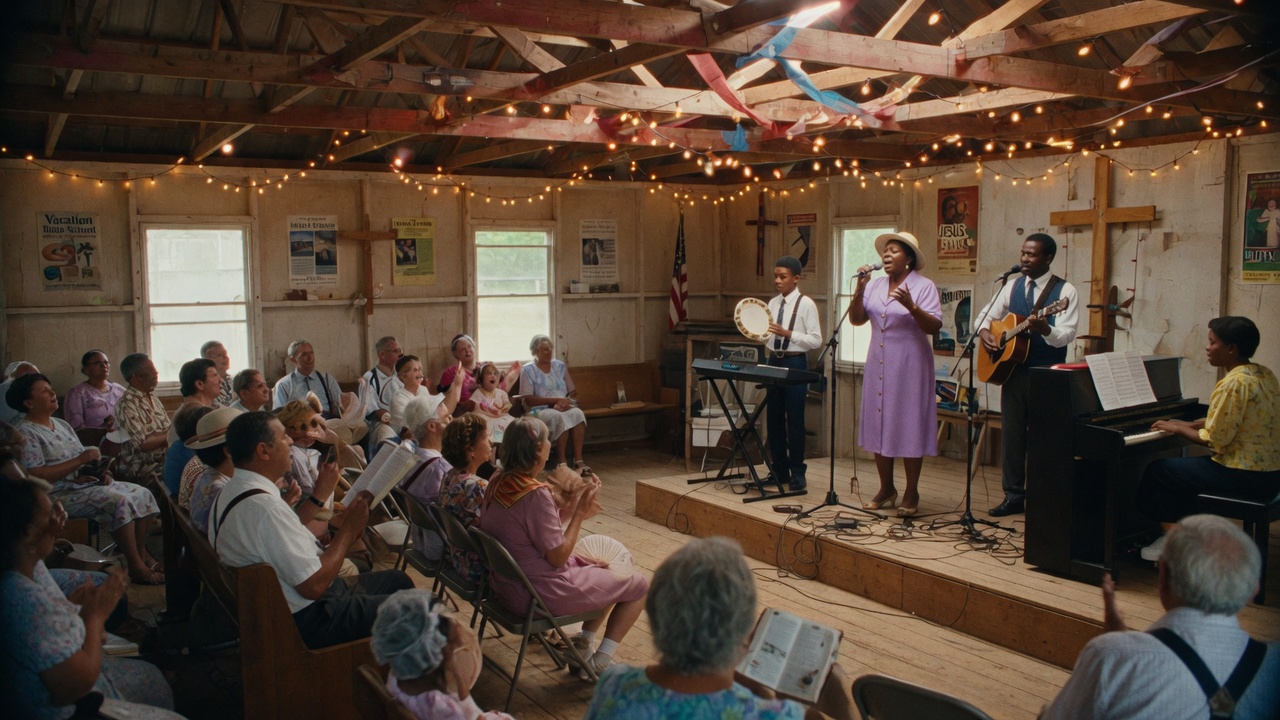 Gospel music performance inside a rustic Bible camp pavilion