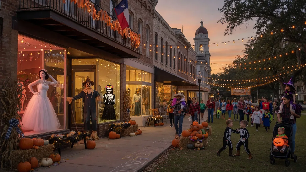 Whimsical Halloween street festival in a small-town Texas downtown with costumed figures in illuminated shop windows at dusk
