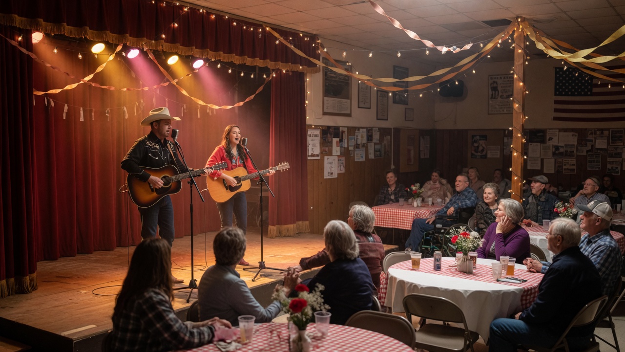 Classic country concert inside a civic center with warm stage lighting