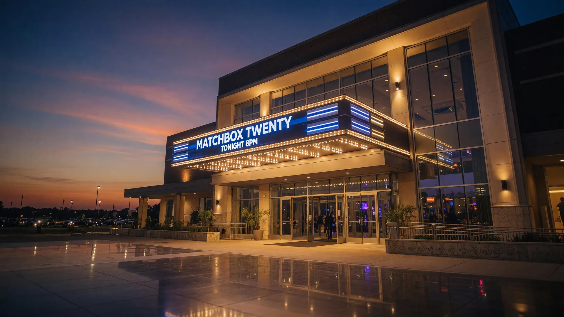 The Choctaw Grand Theater entrance at dusk with concert marquee lighting