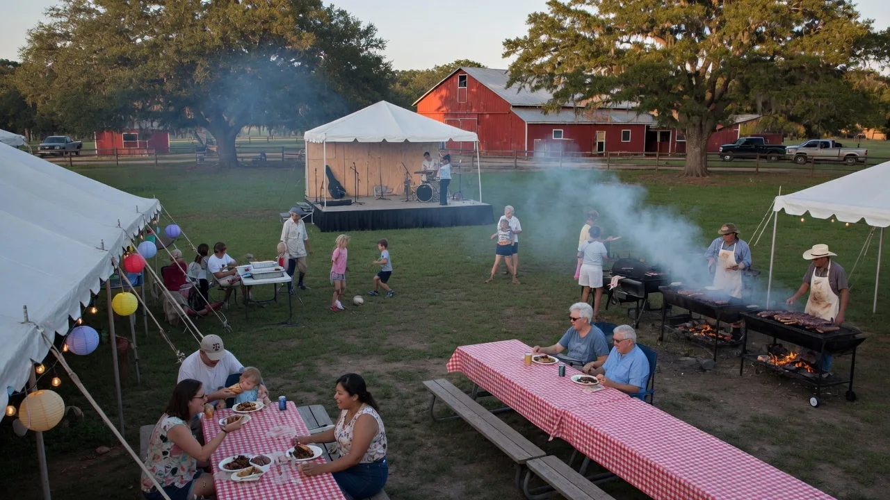 Community picnic fundraiser at an outdoor Texas venue with tents, string lights, and a stage