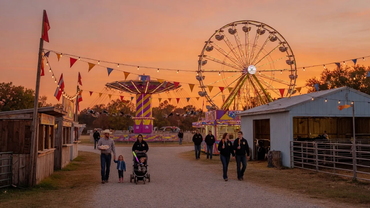 Colorful carnival rides and fairground stalls at a North Texas county fair during golden hour
