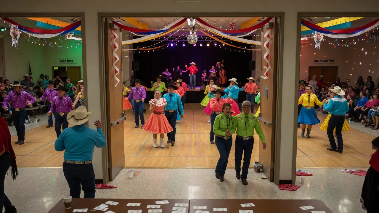 Square dancers in western attire performing on a polished wood floor inside a civic center ballroom with warm lighting