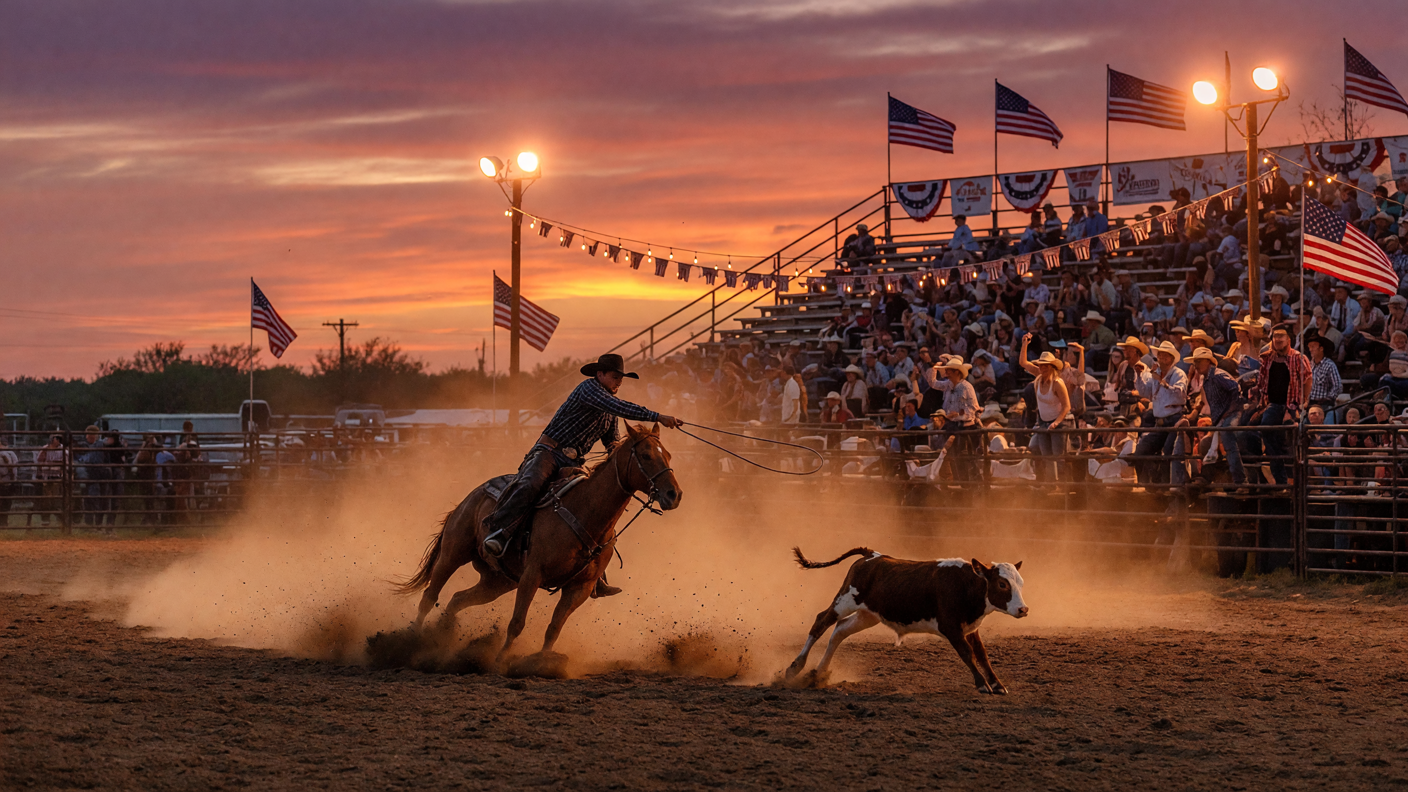 Cowboy on horseback in a dirt rodeo arena under warm evening lights with spectators in bleachers