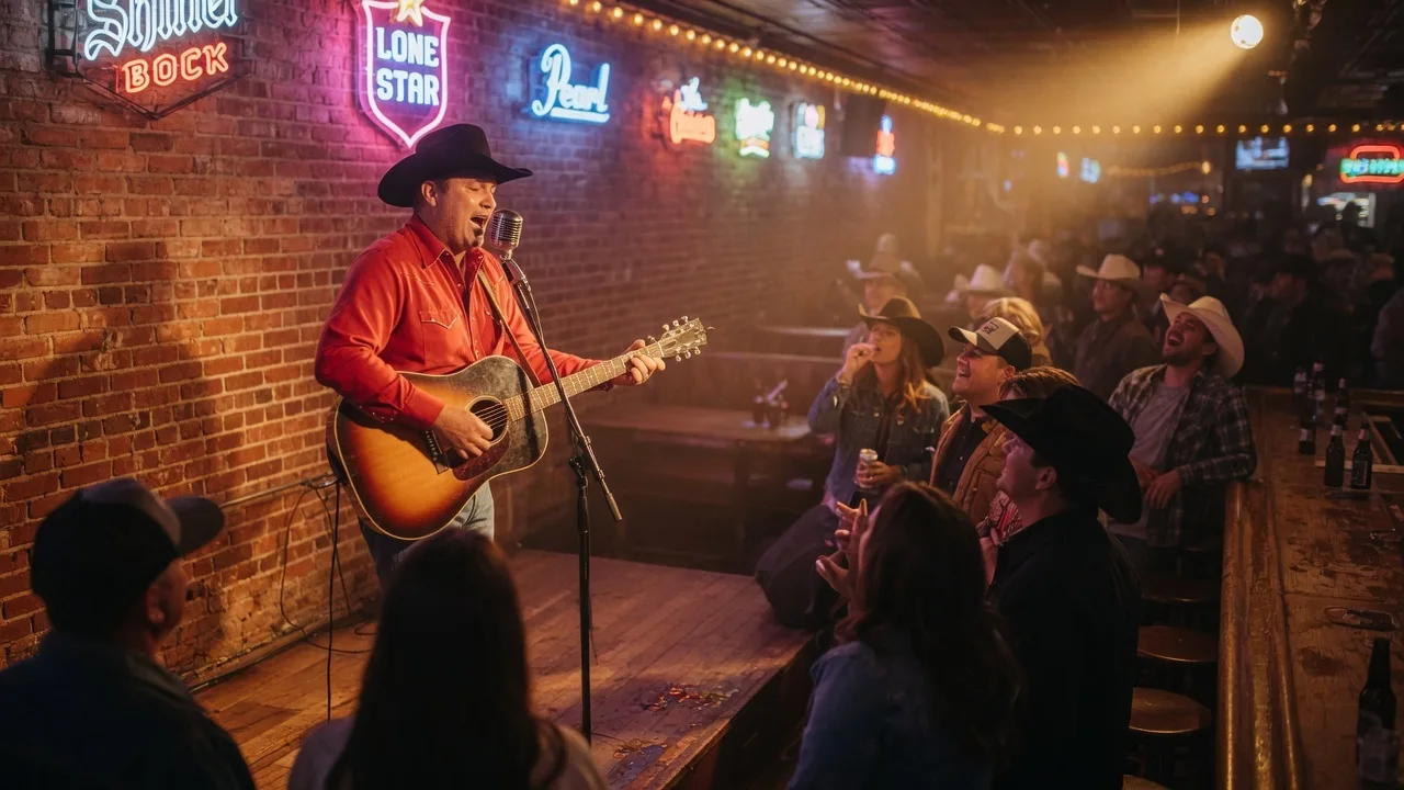 Lively concert atmosphere inside a Texas pub with warm amber lighting and a musician on stage