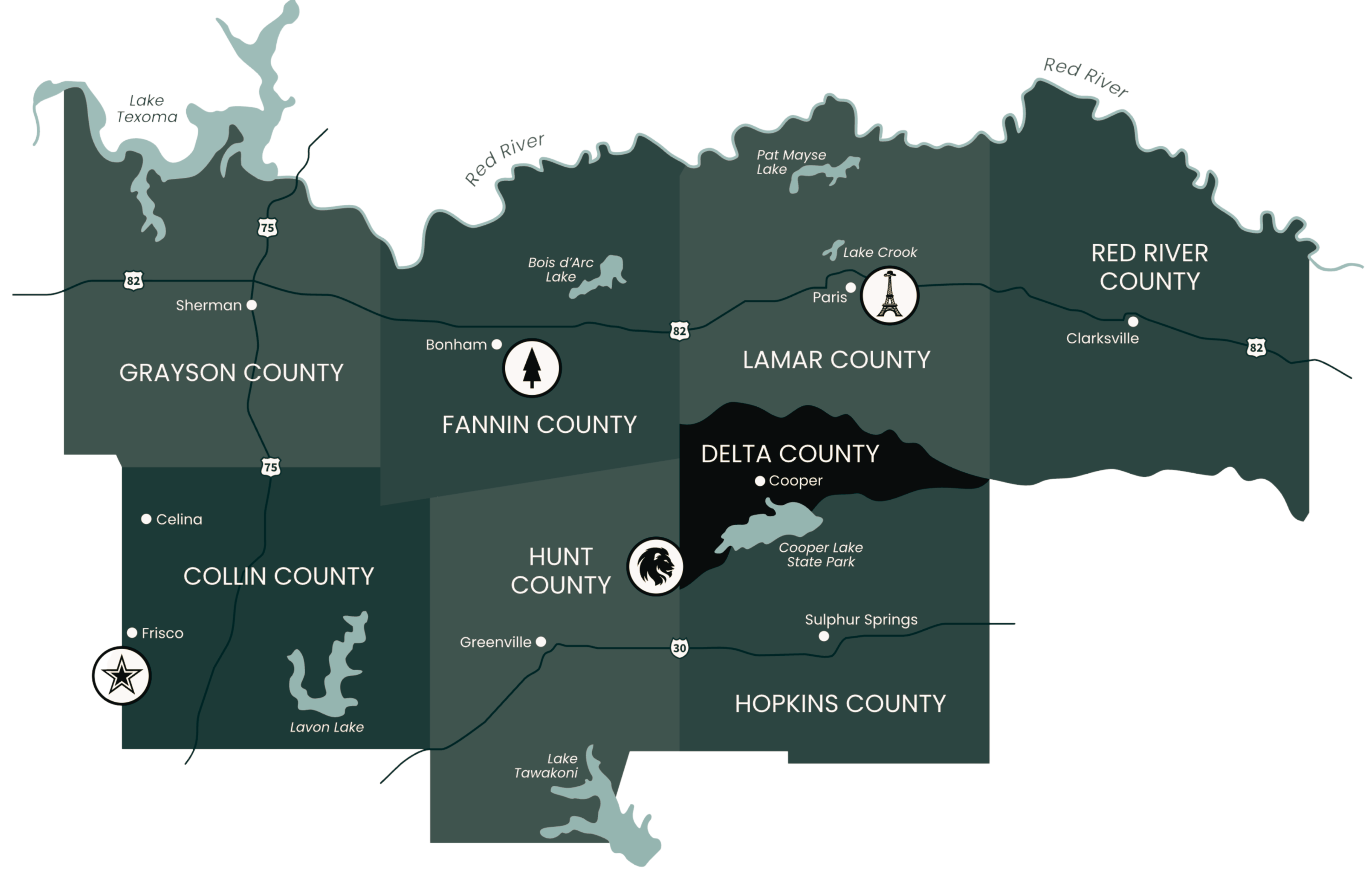 Northeast Texas regional map showing the Shannon Miles Group service area including Paris, Sherman, and surrounding counties