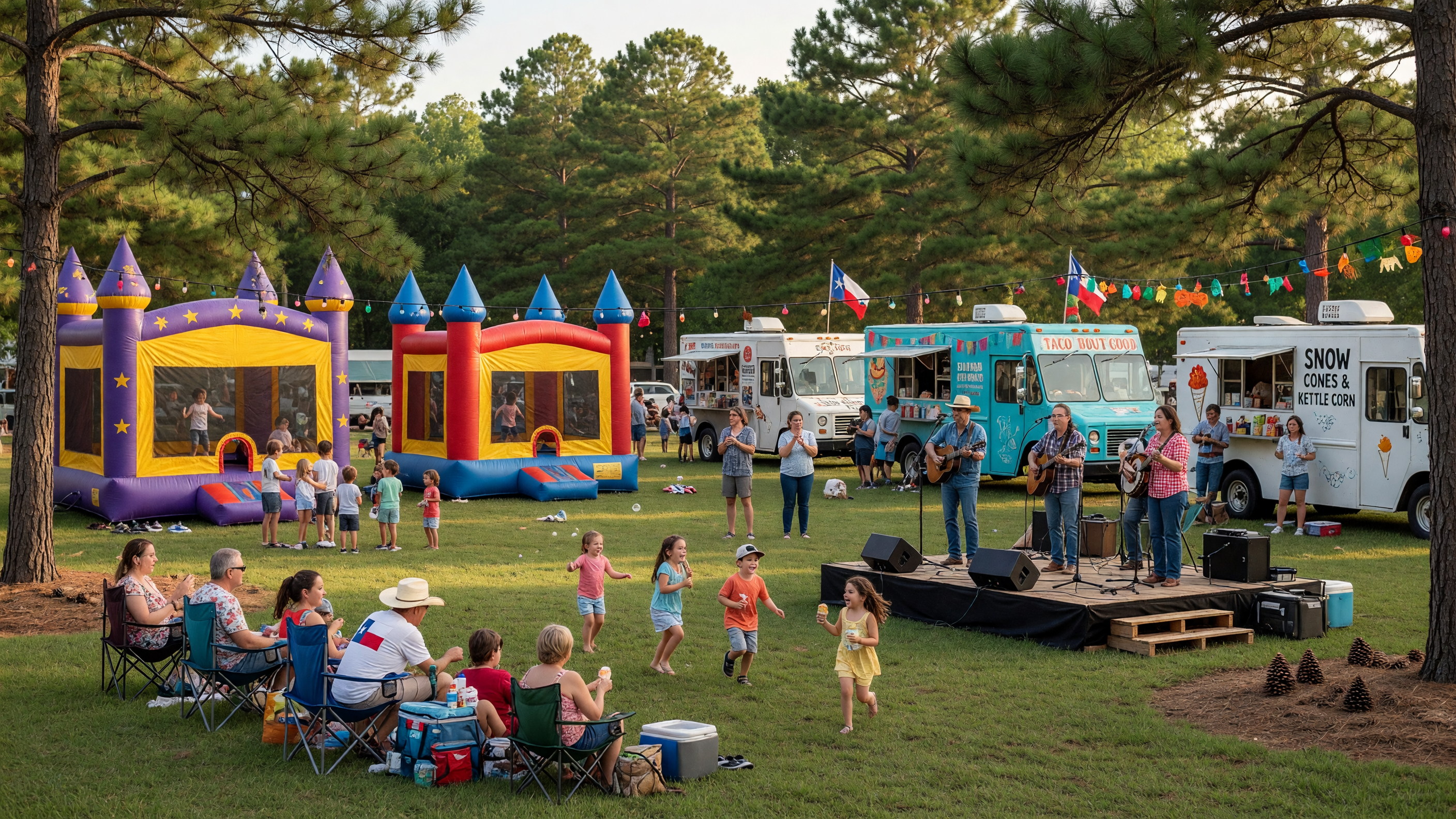 A cheerful community festival at an East Texas park with families, inflatable bounce houses, and a small outdoor stage