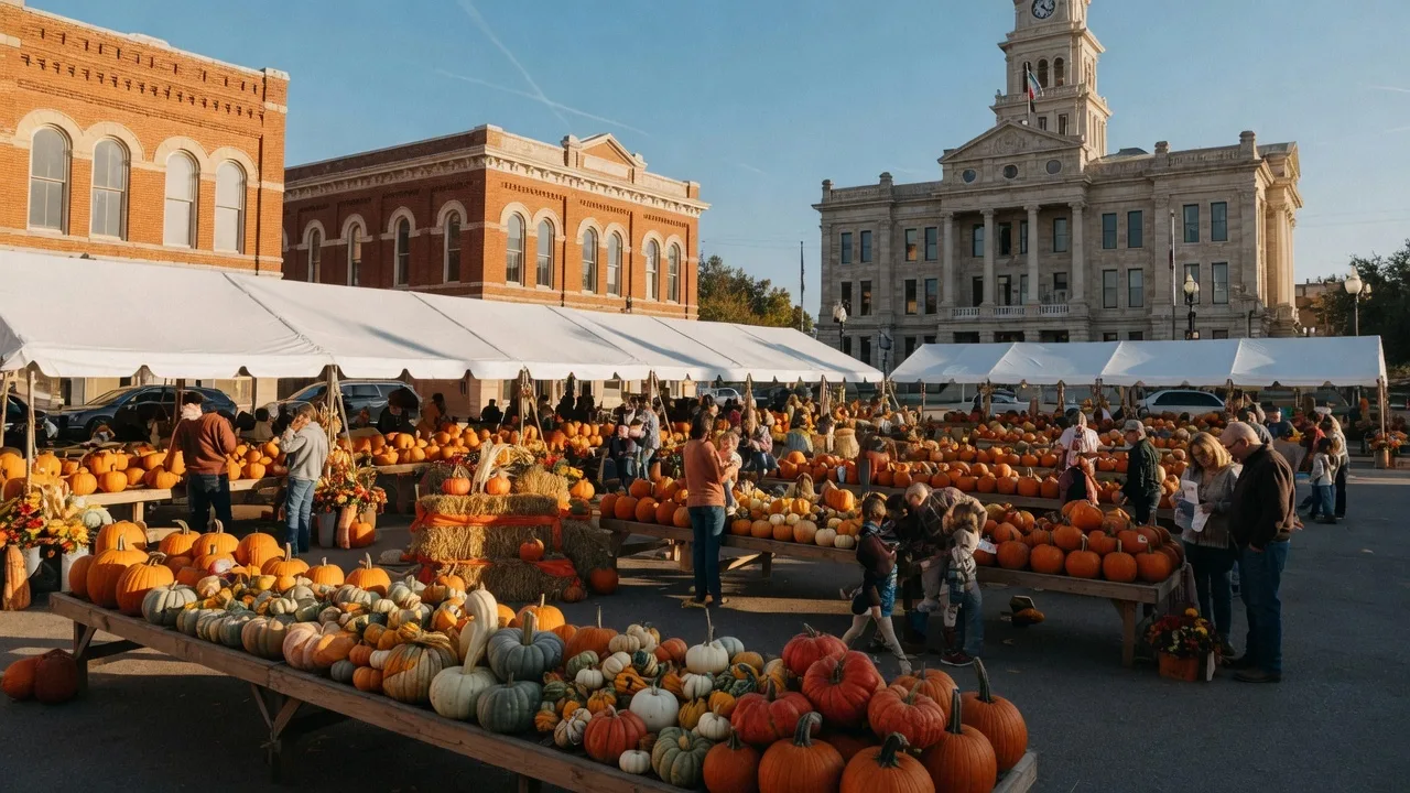A festive autumn pumpkin festival on a small-town Texas square with pumpkins, vendor tents, historic brick buildings, and fall decorations under a blue October sky