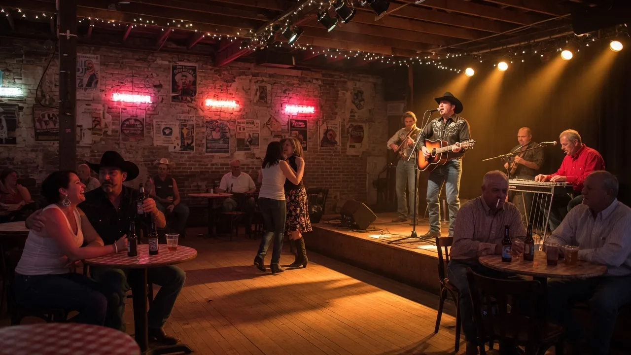 A warm, intimate Texas dance hall with a small stage, amber stage lights, neon bar glow, and wooden floors